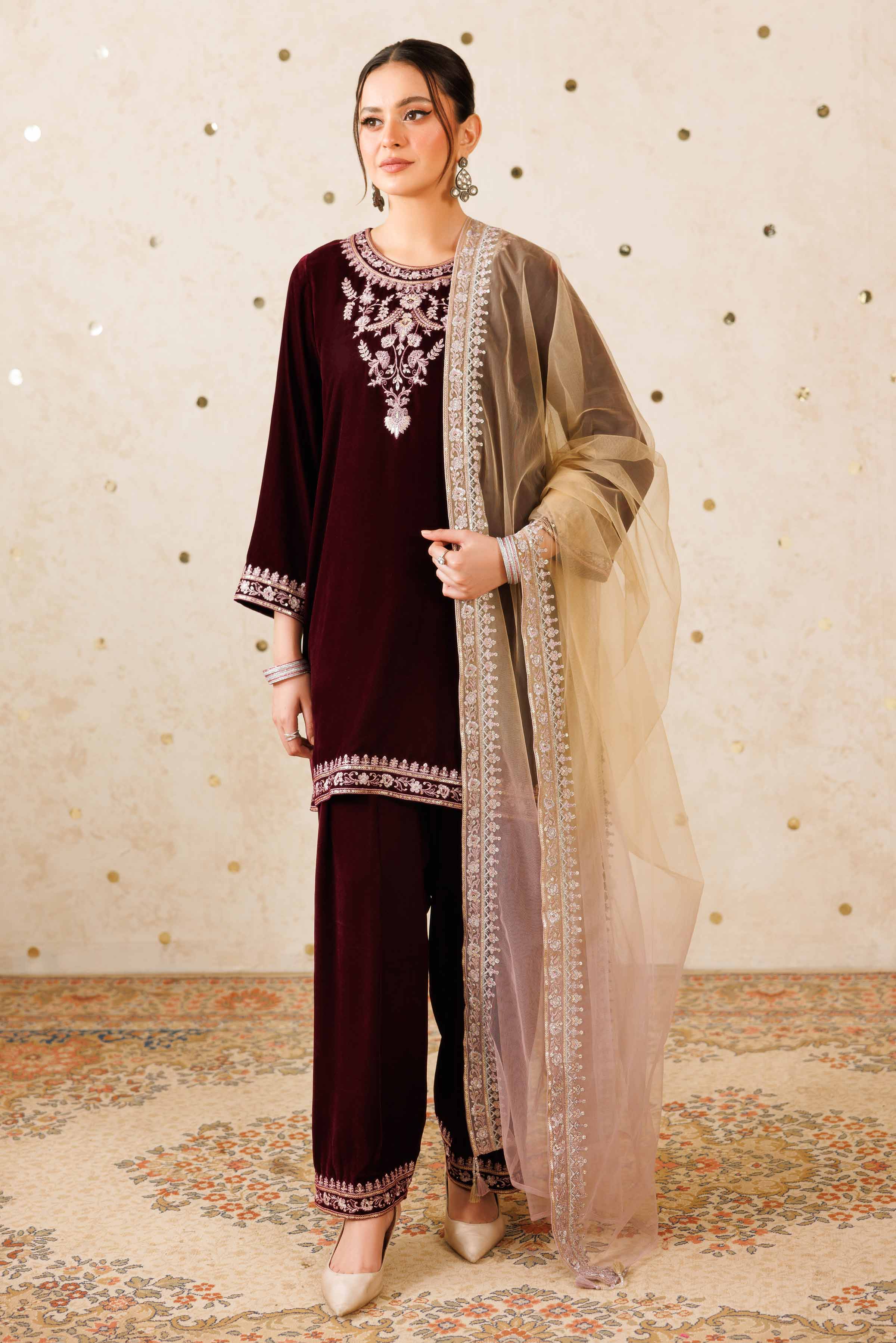 NishatUK - Purple Embroidered Velvet 3-piece ready to wear Suit