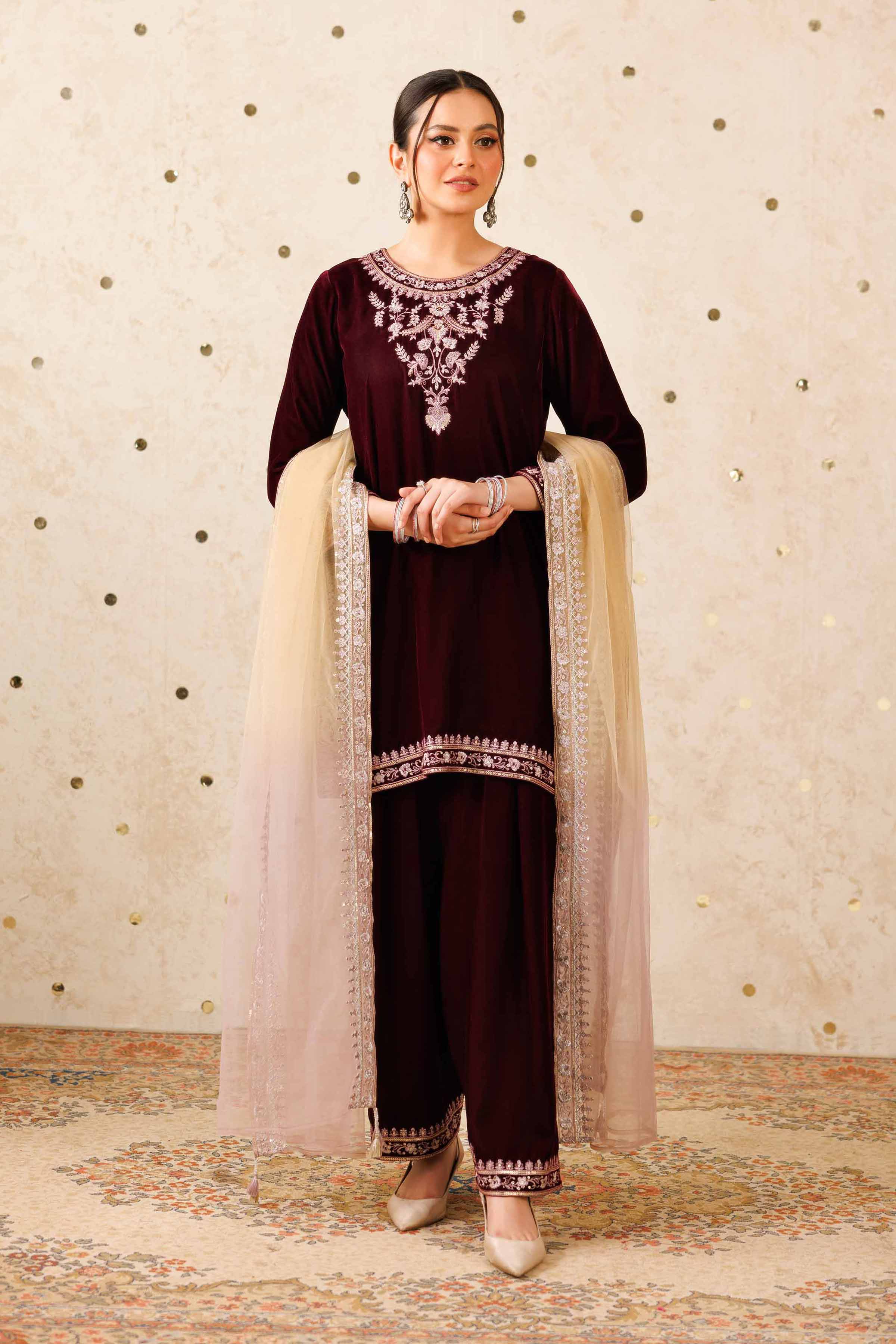 NishatUK - Purple Embroidered Velvet 3-piece ready to wear Suit