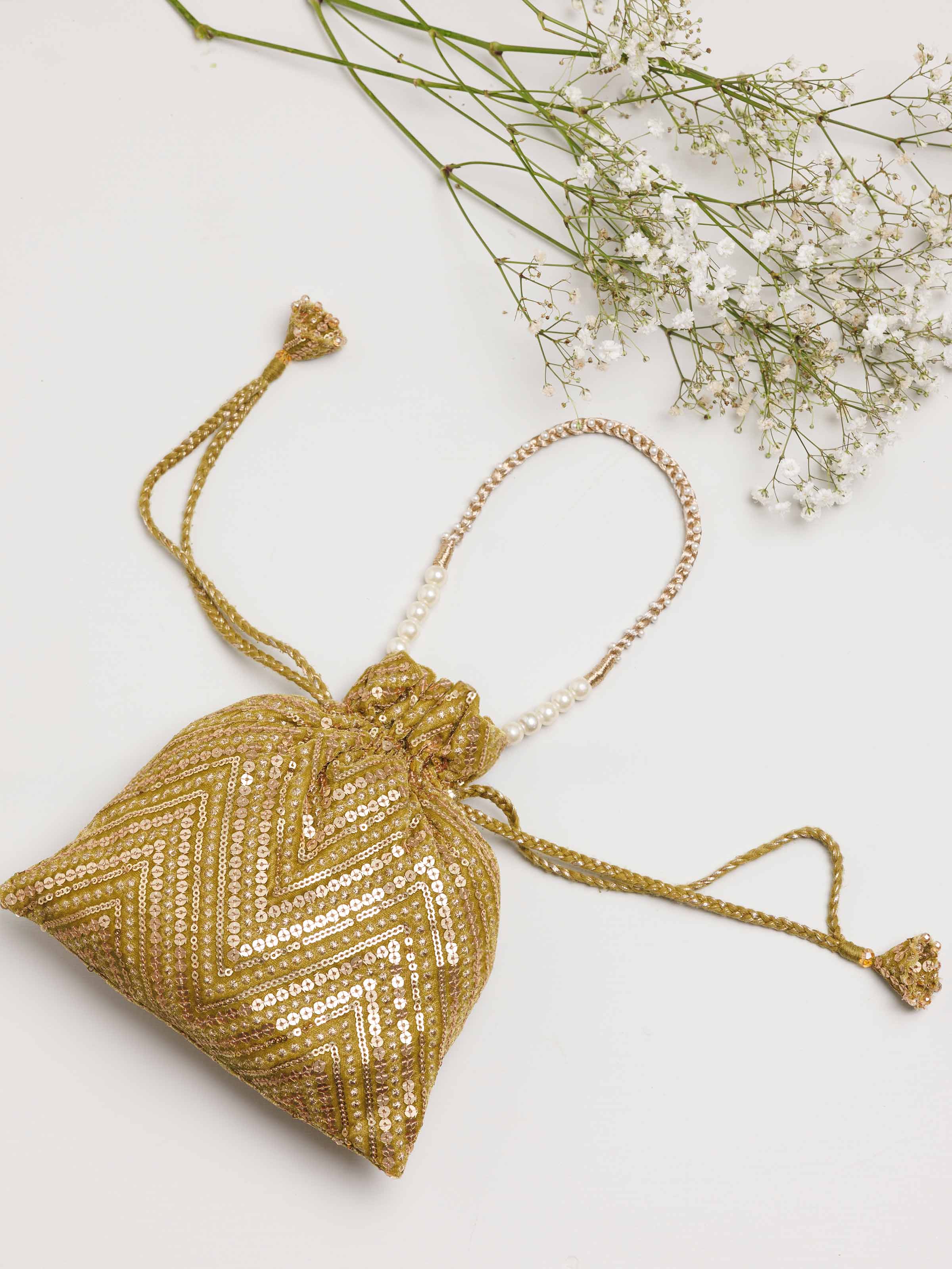 NishatUK - Olive Embroidered Velvet ready to wear Pouch