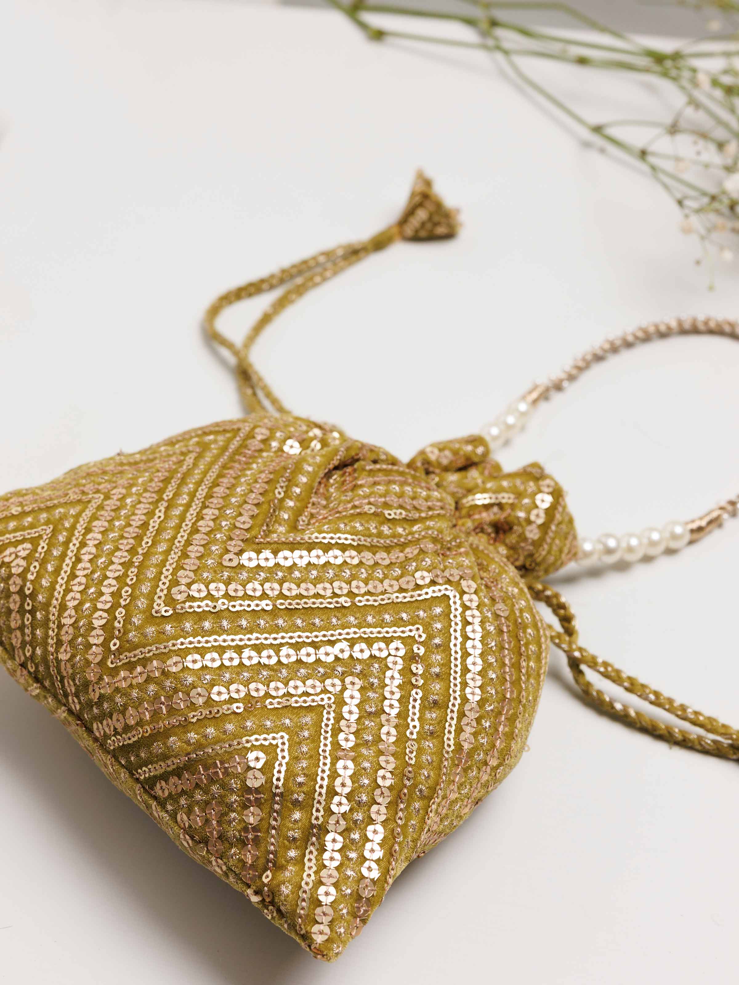 NishatUK - Olive Embroidered Velvet ready to wear Pouch