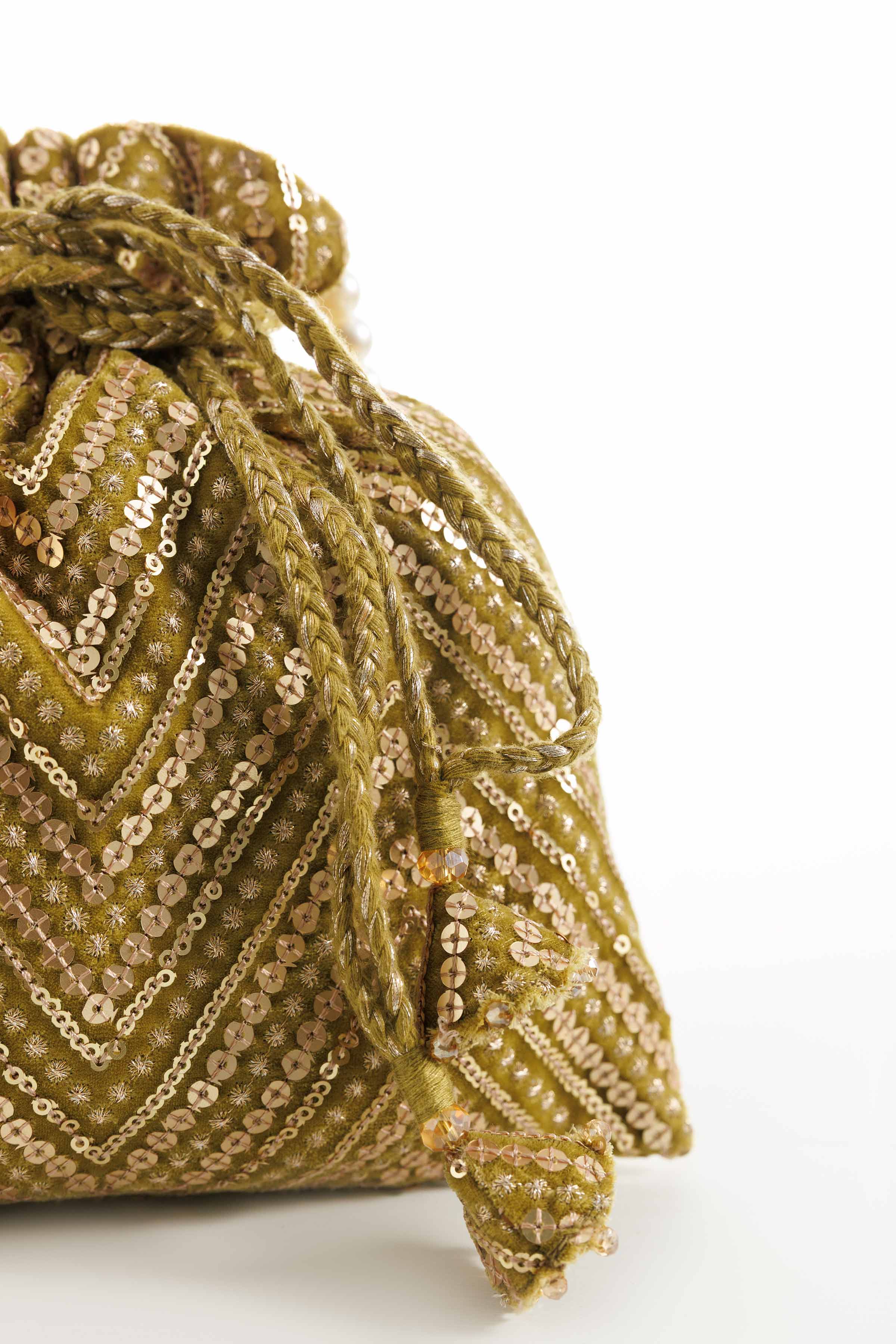 NishatUK - Olive Embroidered Velvet ready to wear Pouch