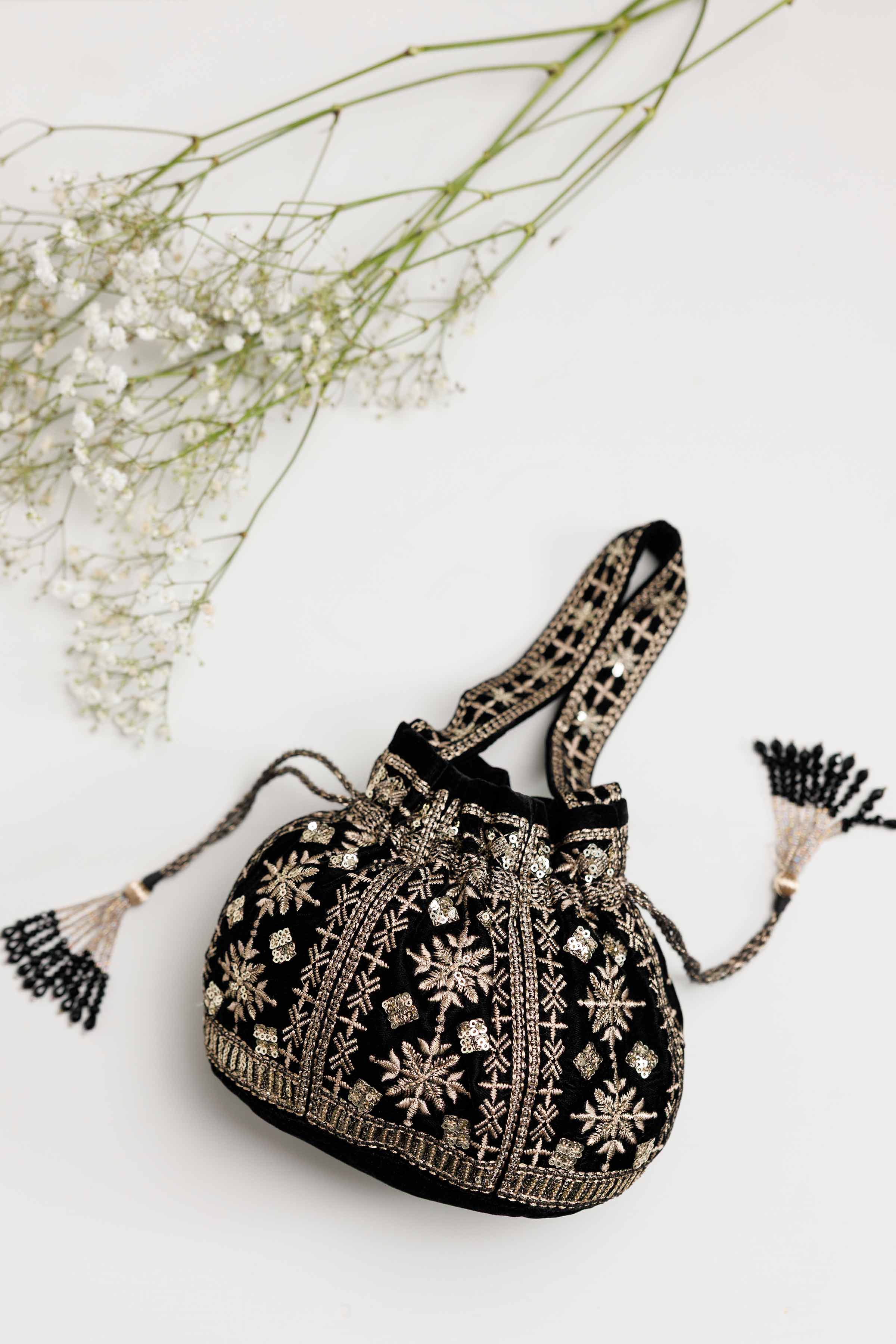 NishatUK - Black Embroidered Velvet ready to wear Pouch