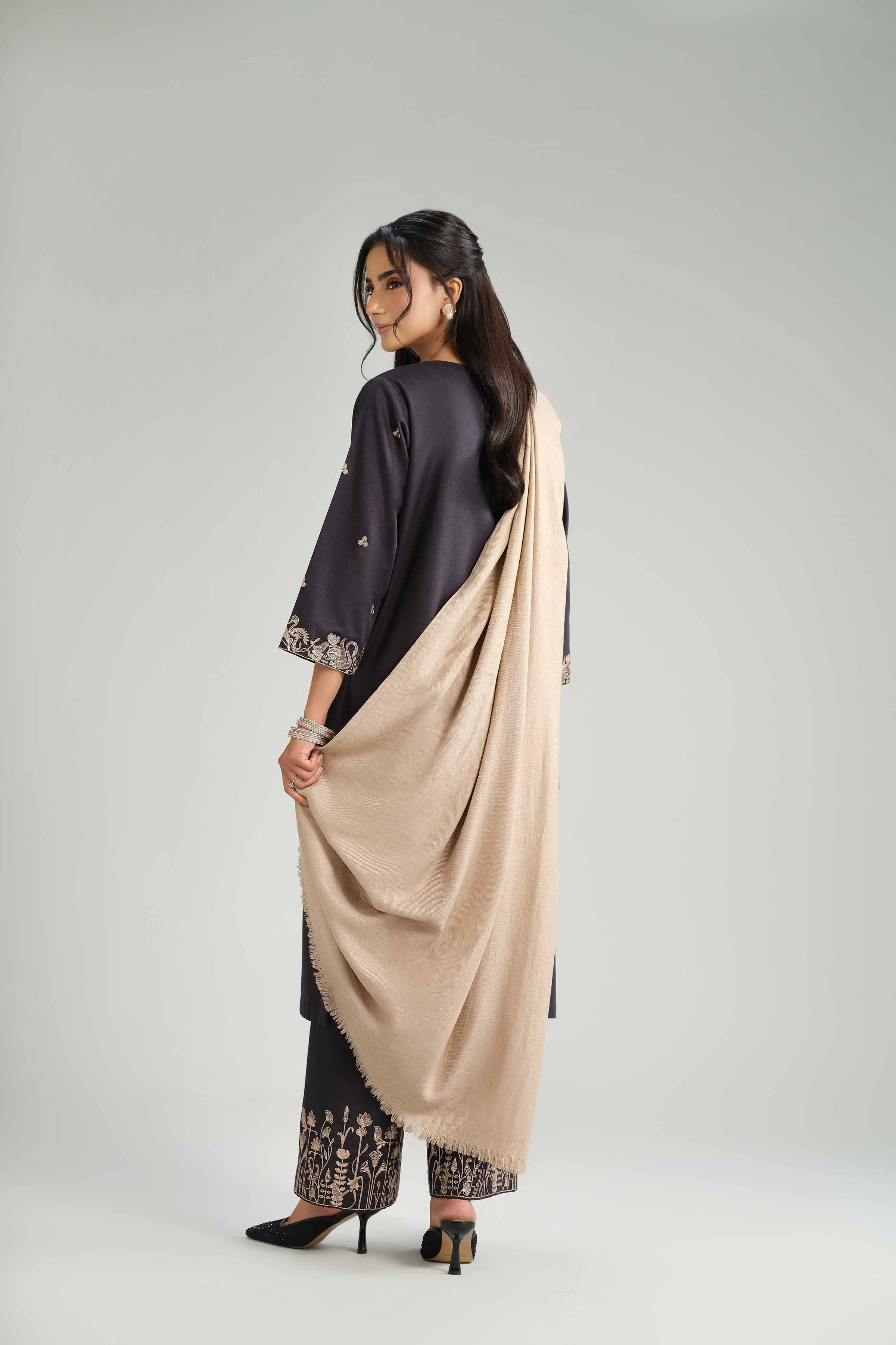 NishatUK - Black Embroidered Karandi 3-piece ready to wear-luxury Suit