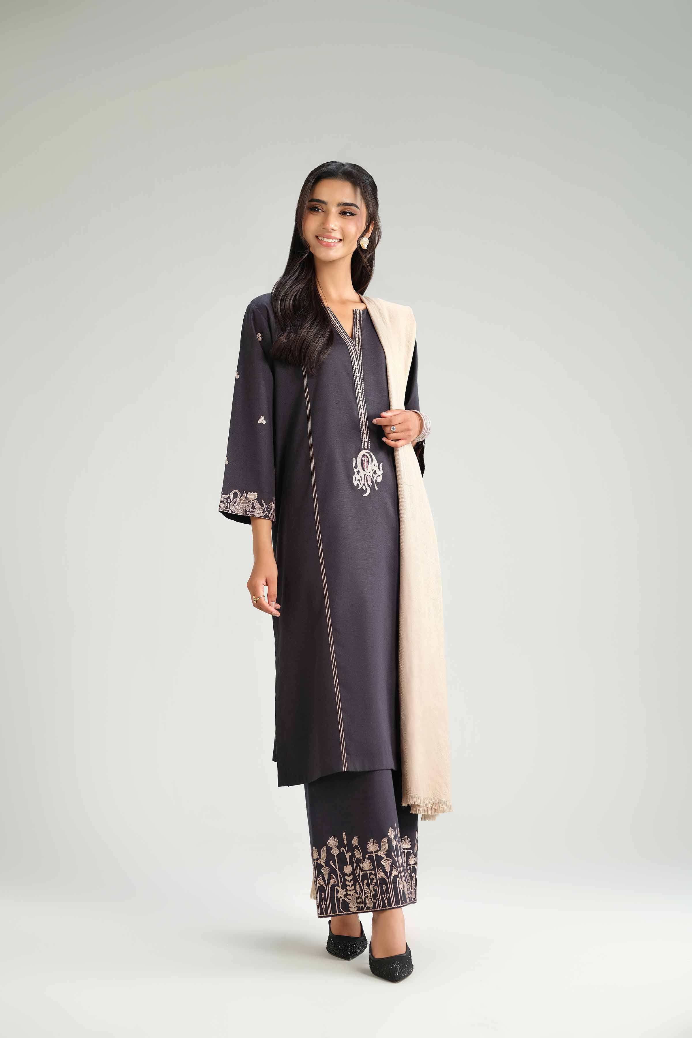 NishatUK - Black Embroidered Karandi 3-piece ready to wear-luxury Suit