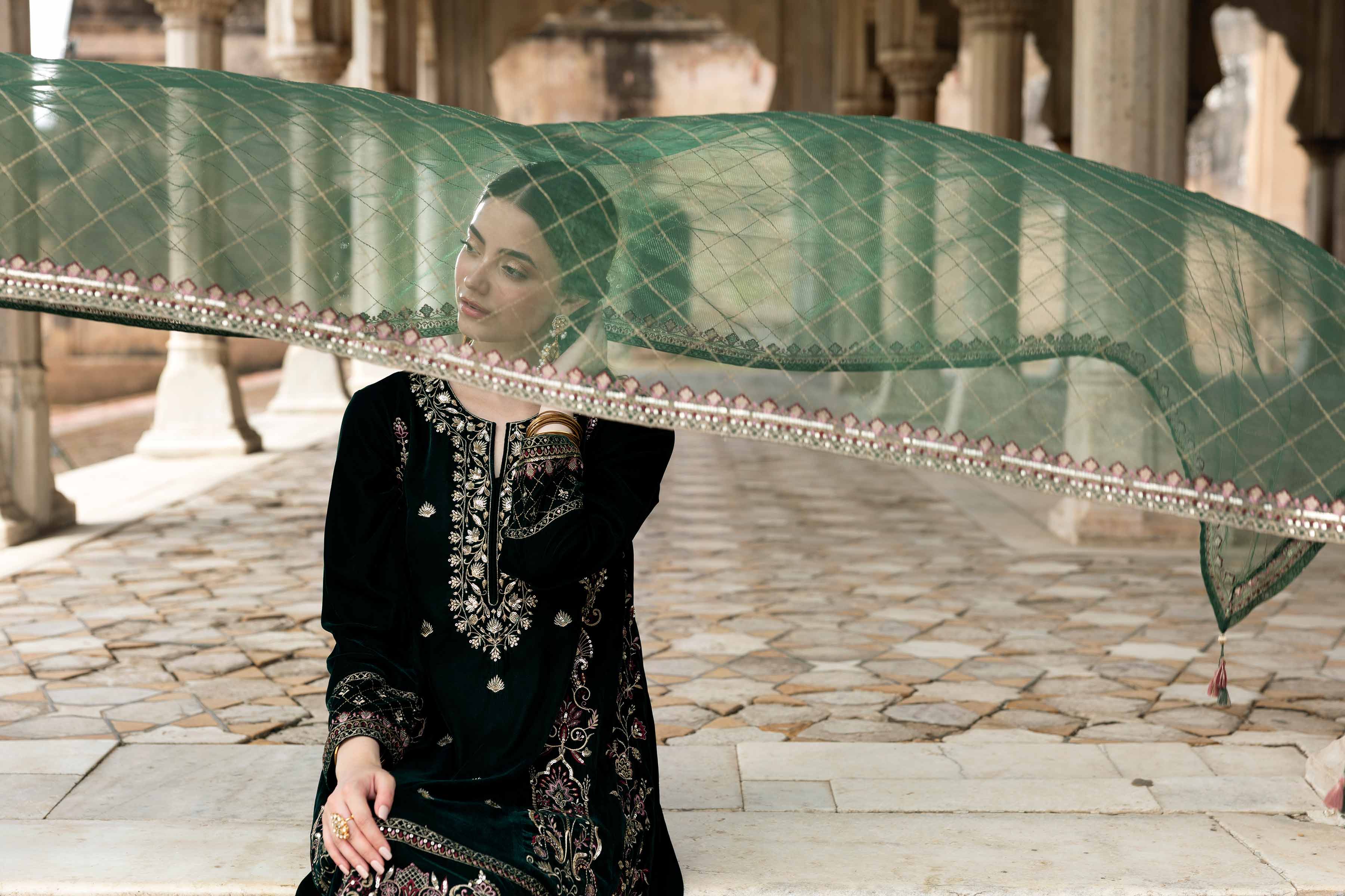 NishatUK - Green Embroidered Velvet 3-piece ready to wear-luxury Suit