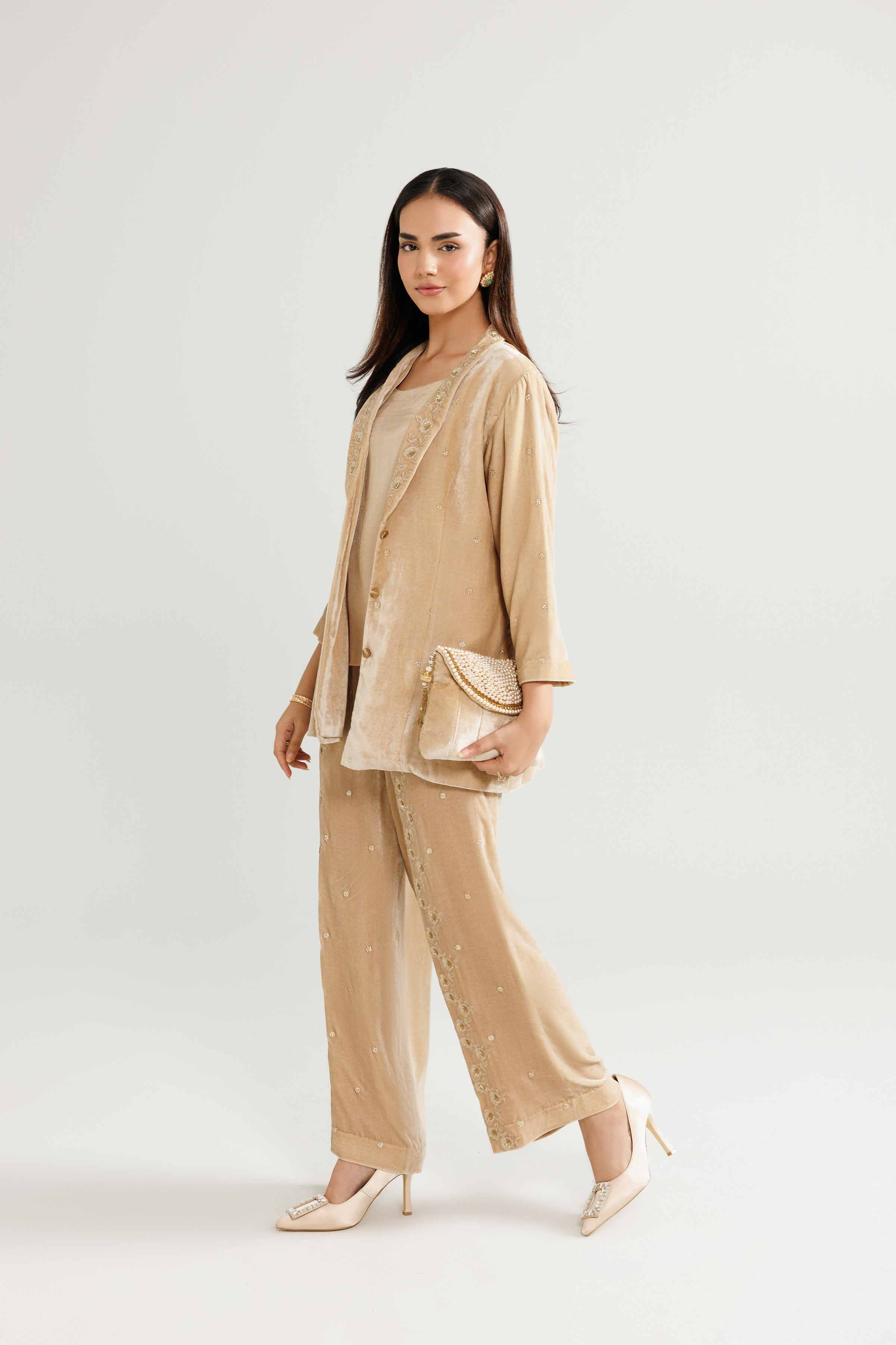 NishatUK - Beige Embroidered Velvet 3-piece ready to wear Suit