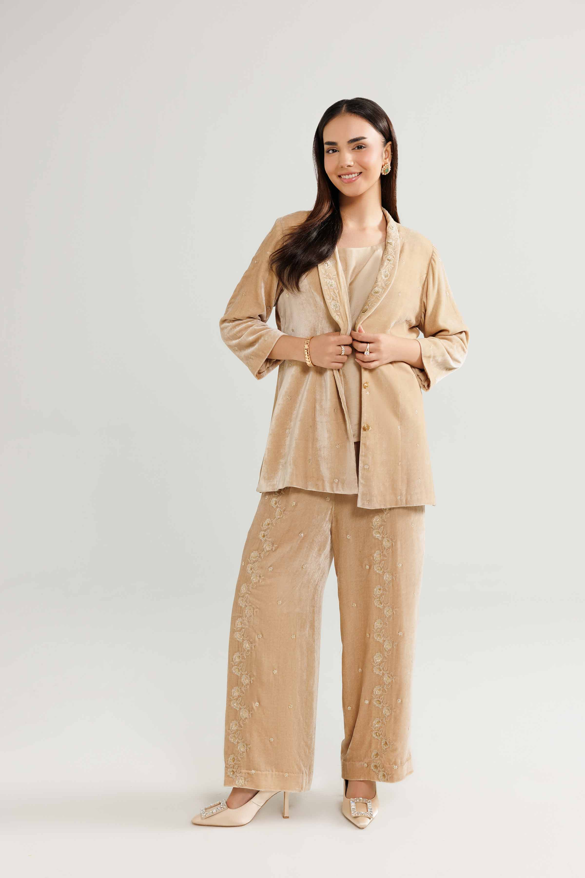 NishatUK - Beige Embroidered Velvet 3-piece ready to wear Suit
