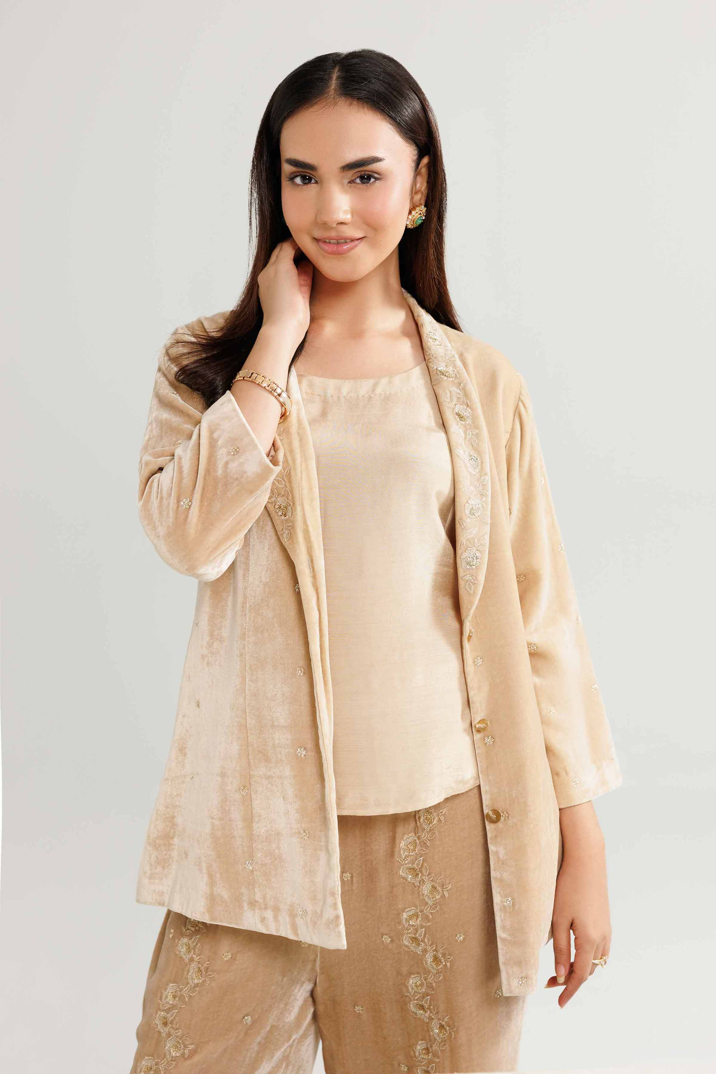 NishatUK - Beige Embroidered Velvet 3-piece ready to wear Suit