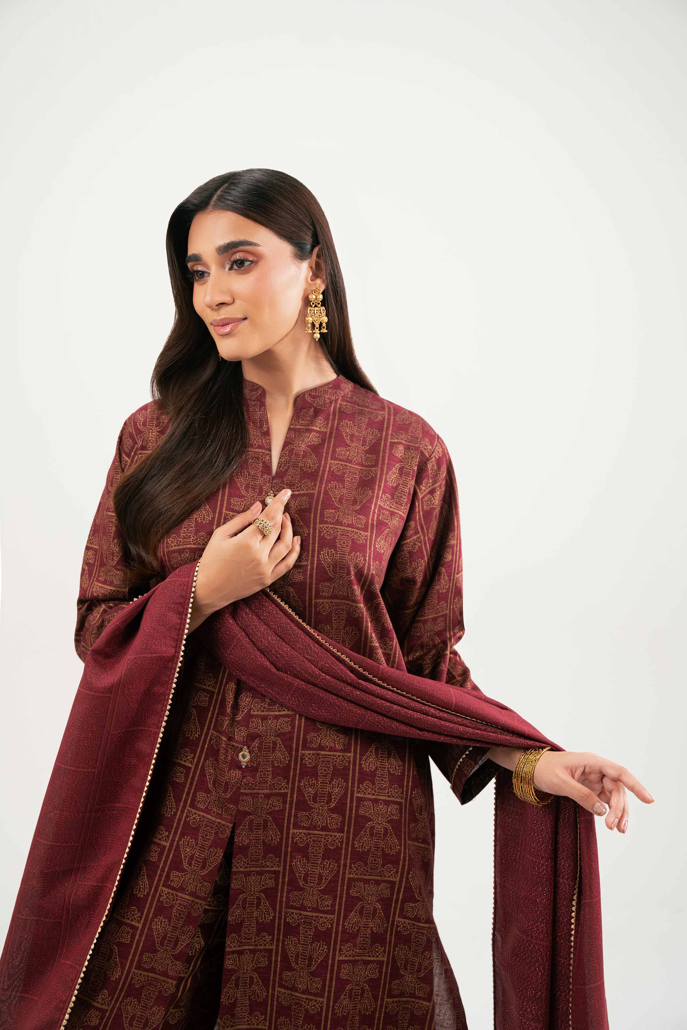 NishatUK - Maroon Printed Karandi 3-piece ready to wear Suit