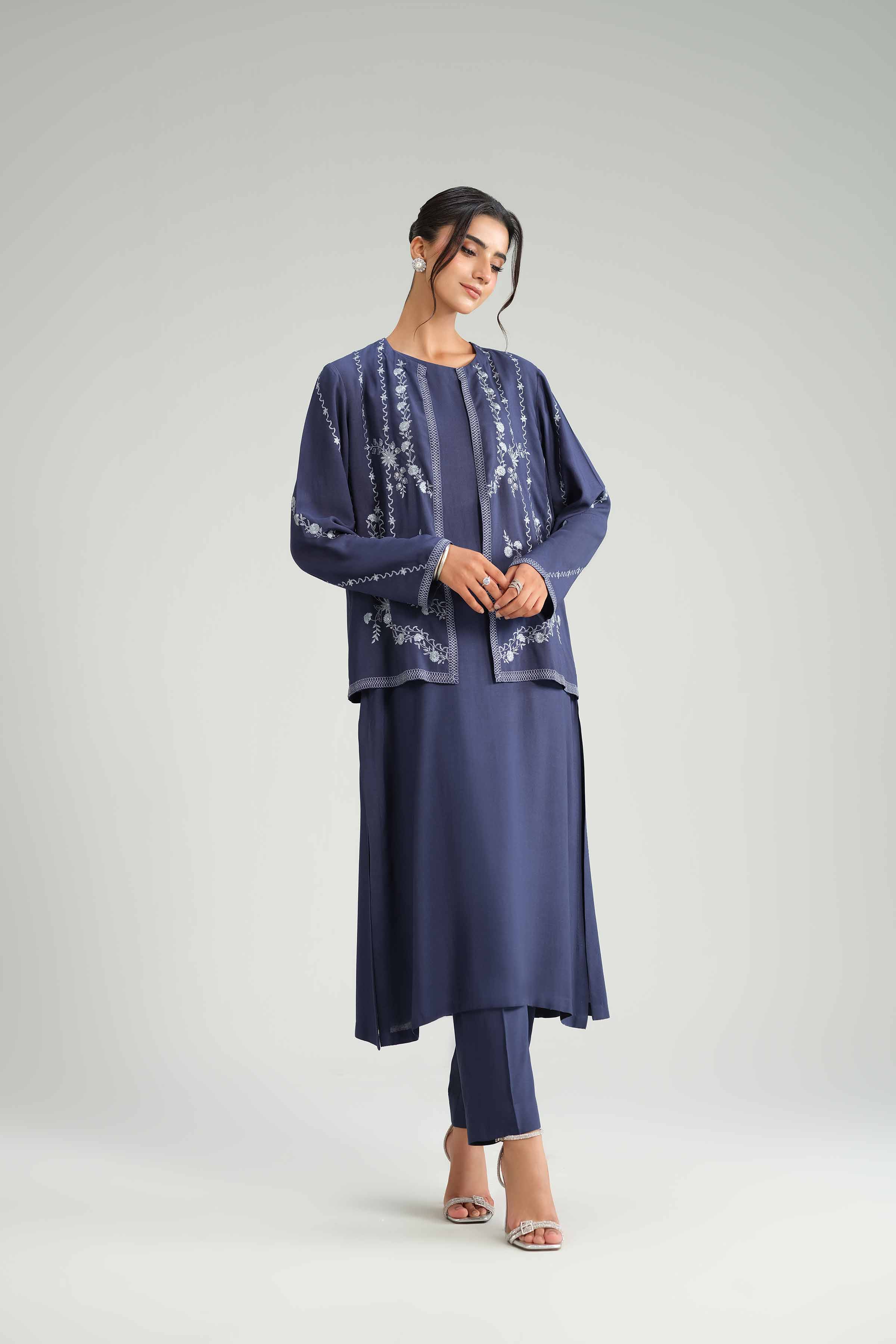 NishatUK - Blue Embroidered Linen 3-piece ready to wear-luxury Suit