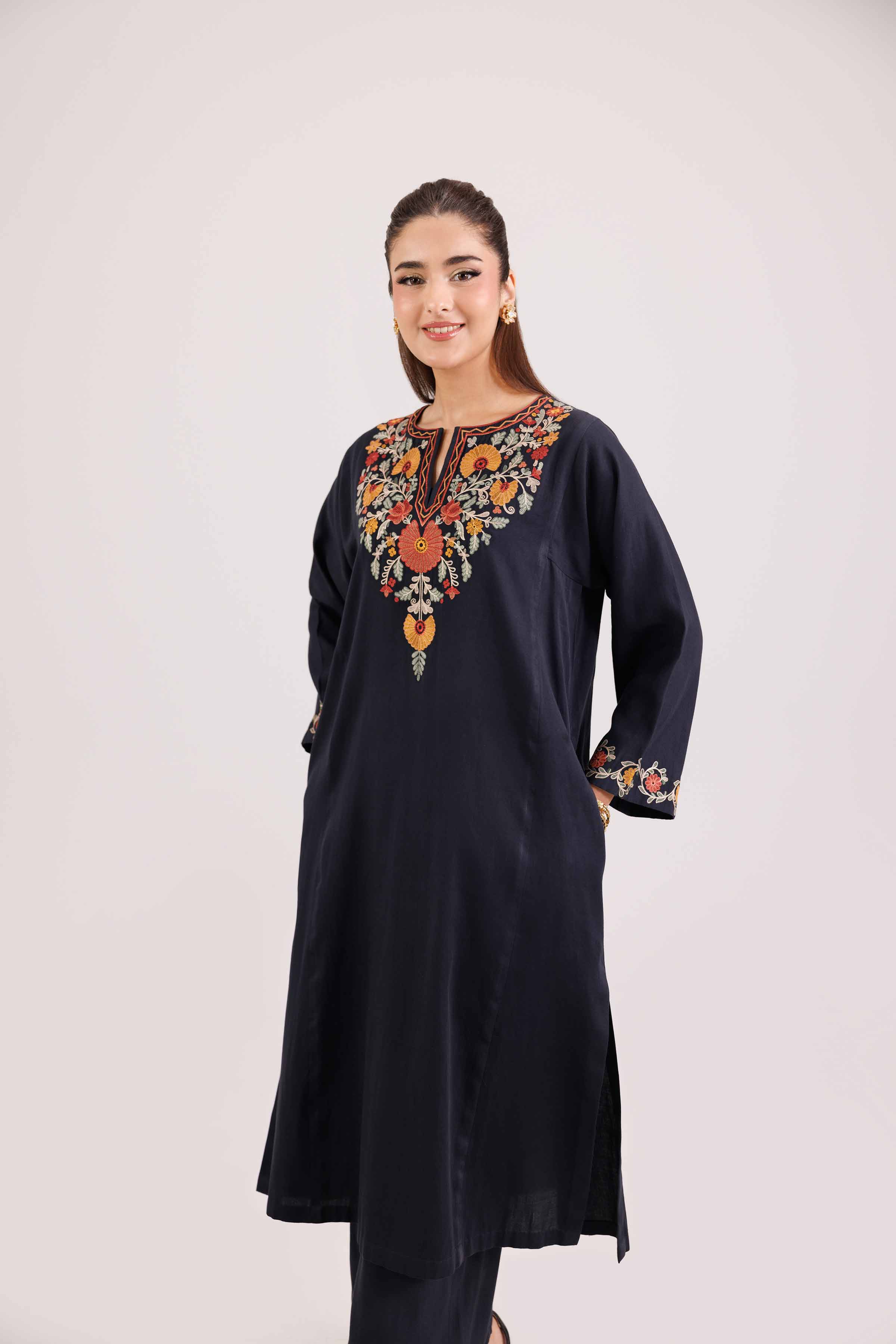 NishatUK - Black Embroidered Sateen 2-piece ready to wear-luxury Dress