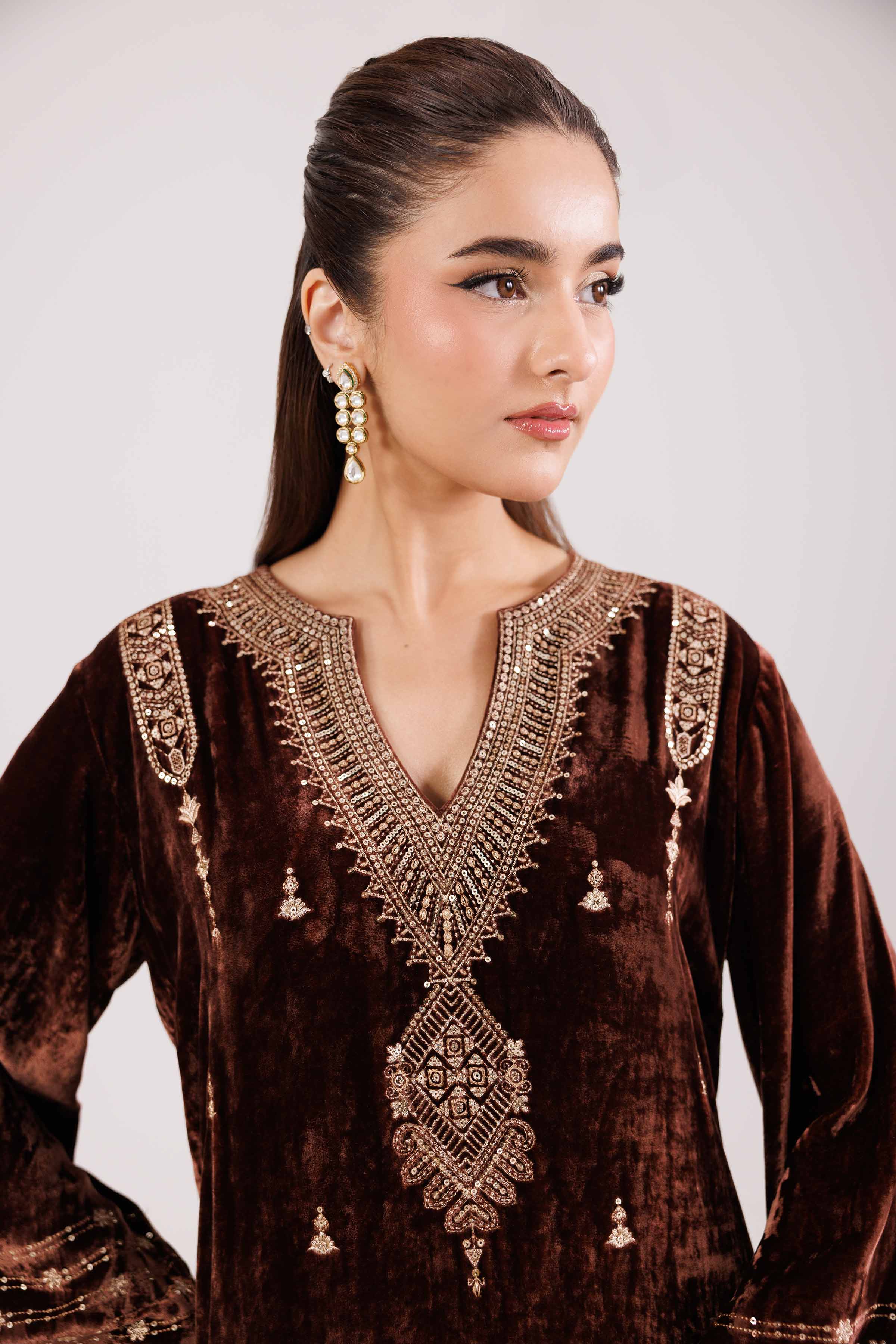 NishatUK - Brown Embroidered Velvet 2-piece ready to wear Luxury Dress
