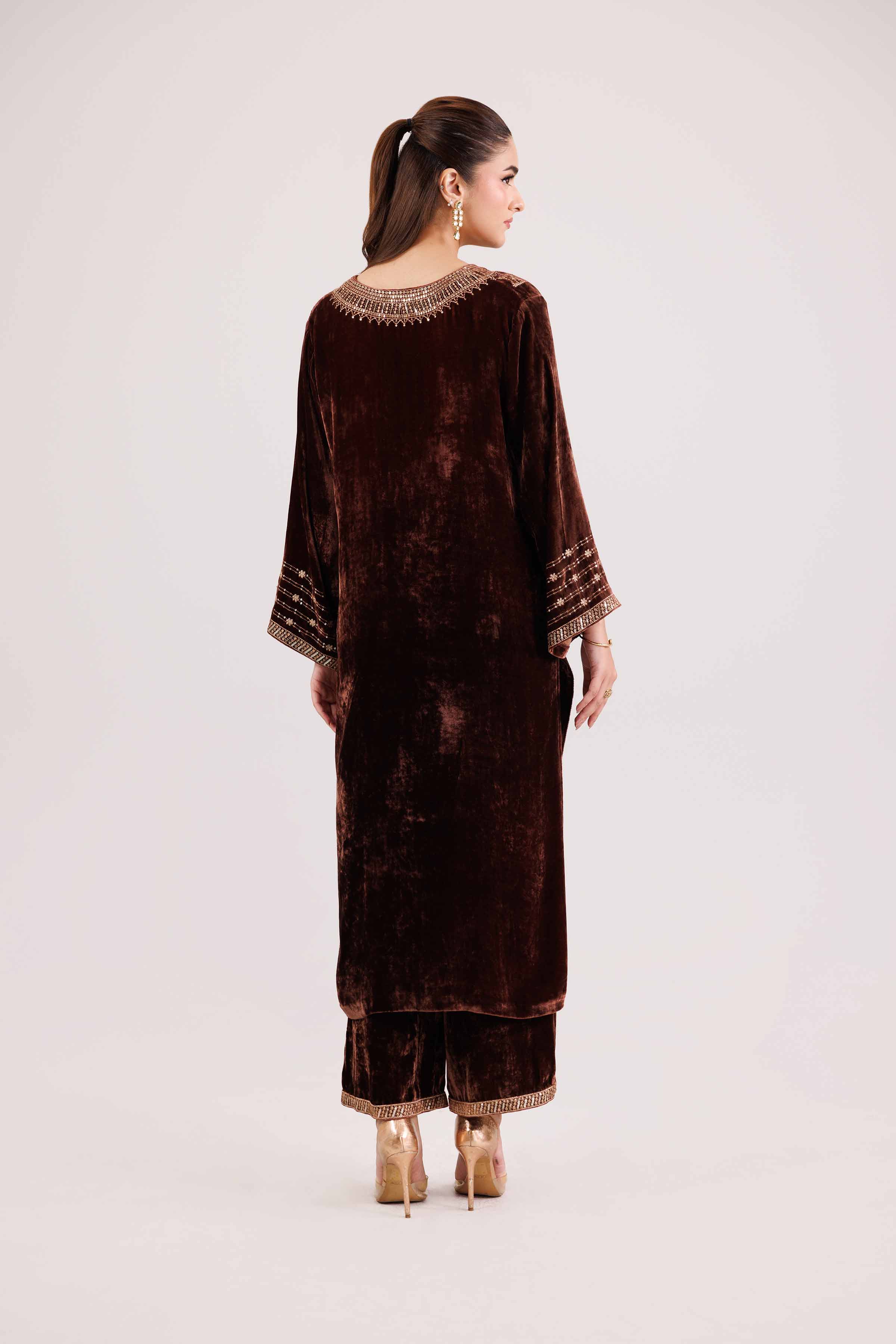NishatUK - Brown Embroidered Velvet 2-piece ready to wear Luxury Dress