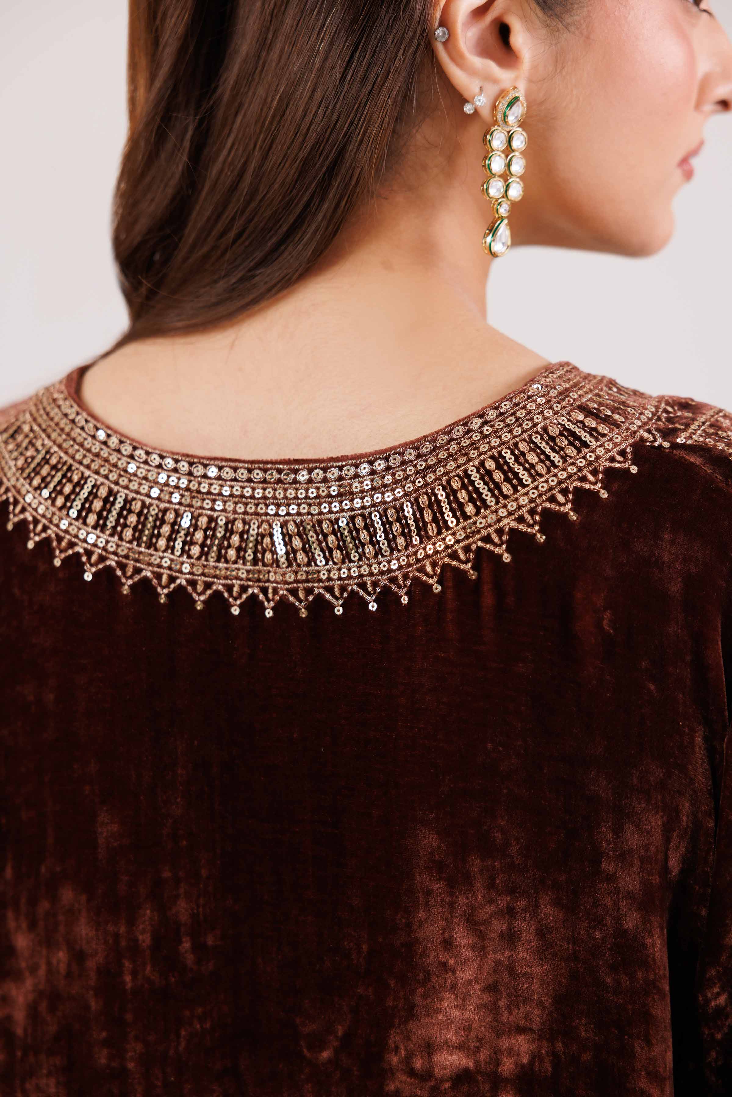 NishatUK - Brown Embroidered Velvet 2-piece ready to wear Luxury Dress