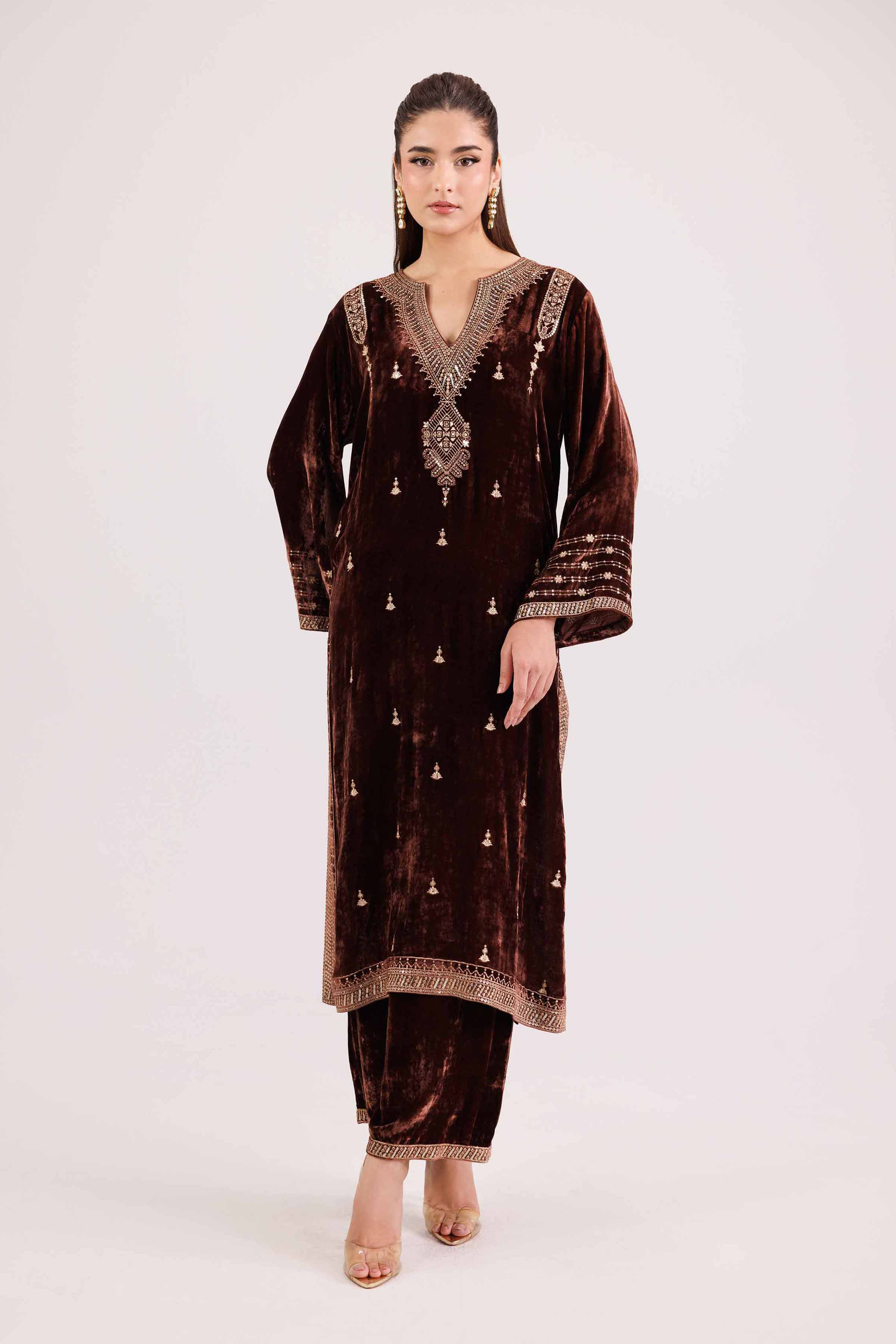 NishatUK - Brown Embroidered Velvet 2-piece ready to wear Luxury Dress