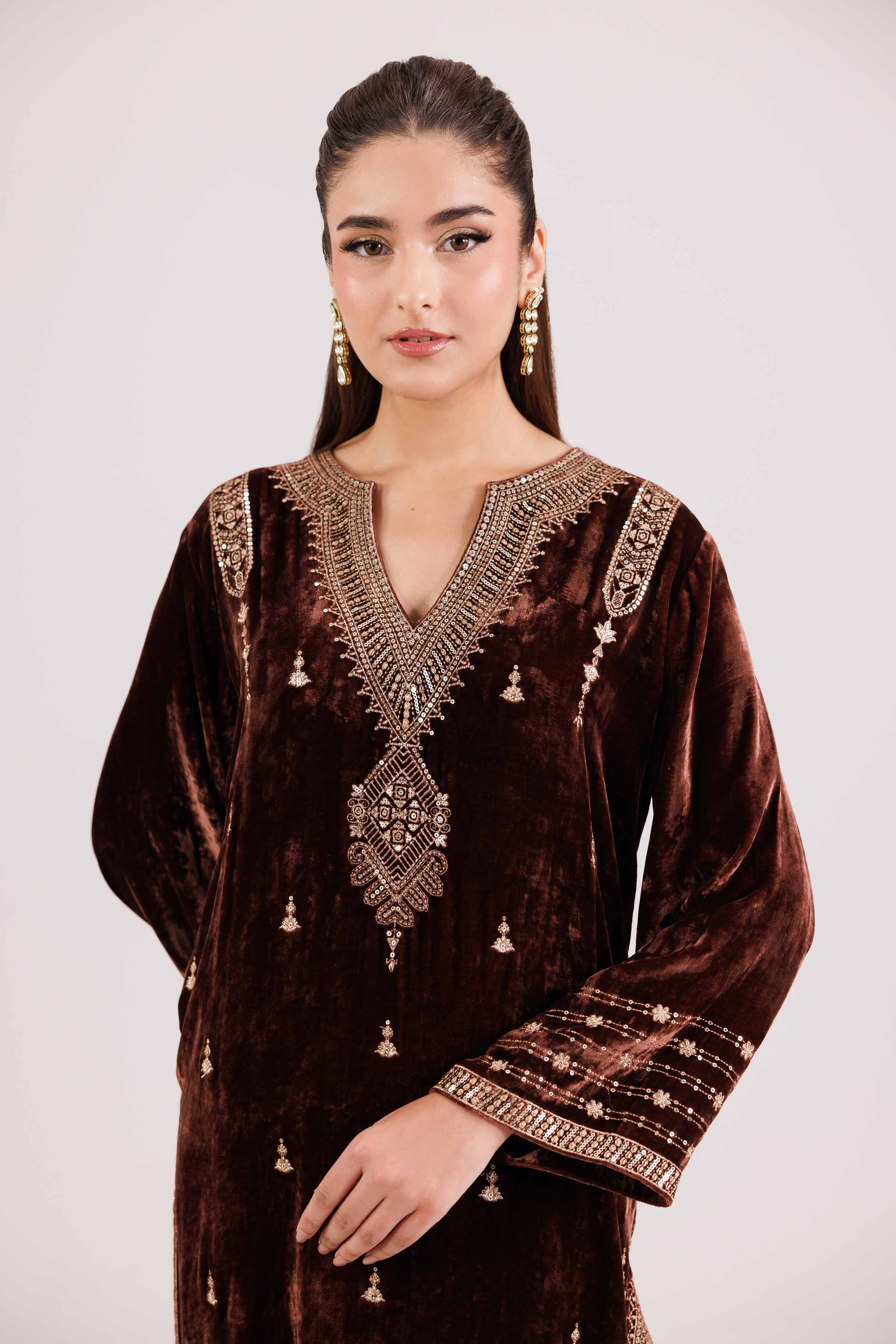 NishatUK - Brown Embroidered Velvet 2-piece ready to wear Luxury Dress