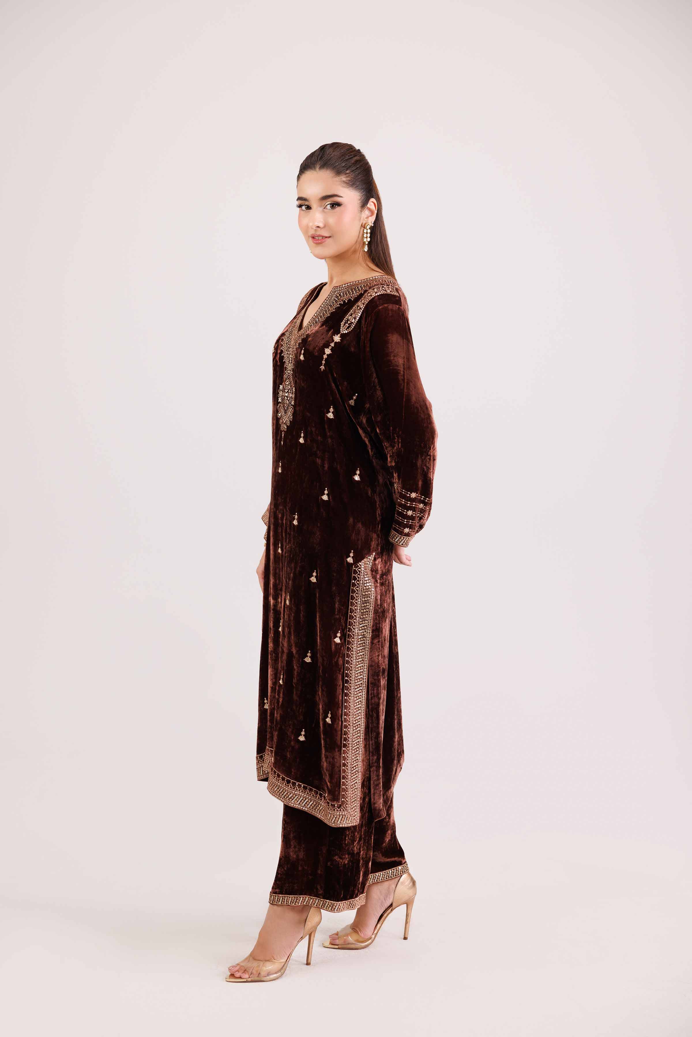 NishatUK - Brown Embroidered Velvet 2-piece ready to wear Luxury Dress