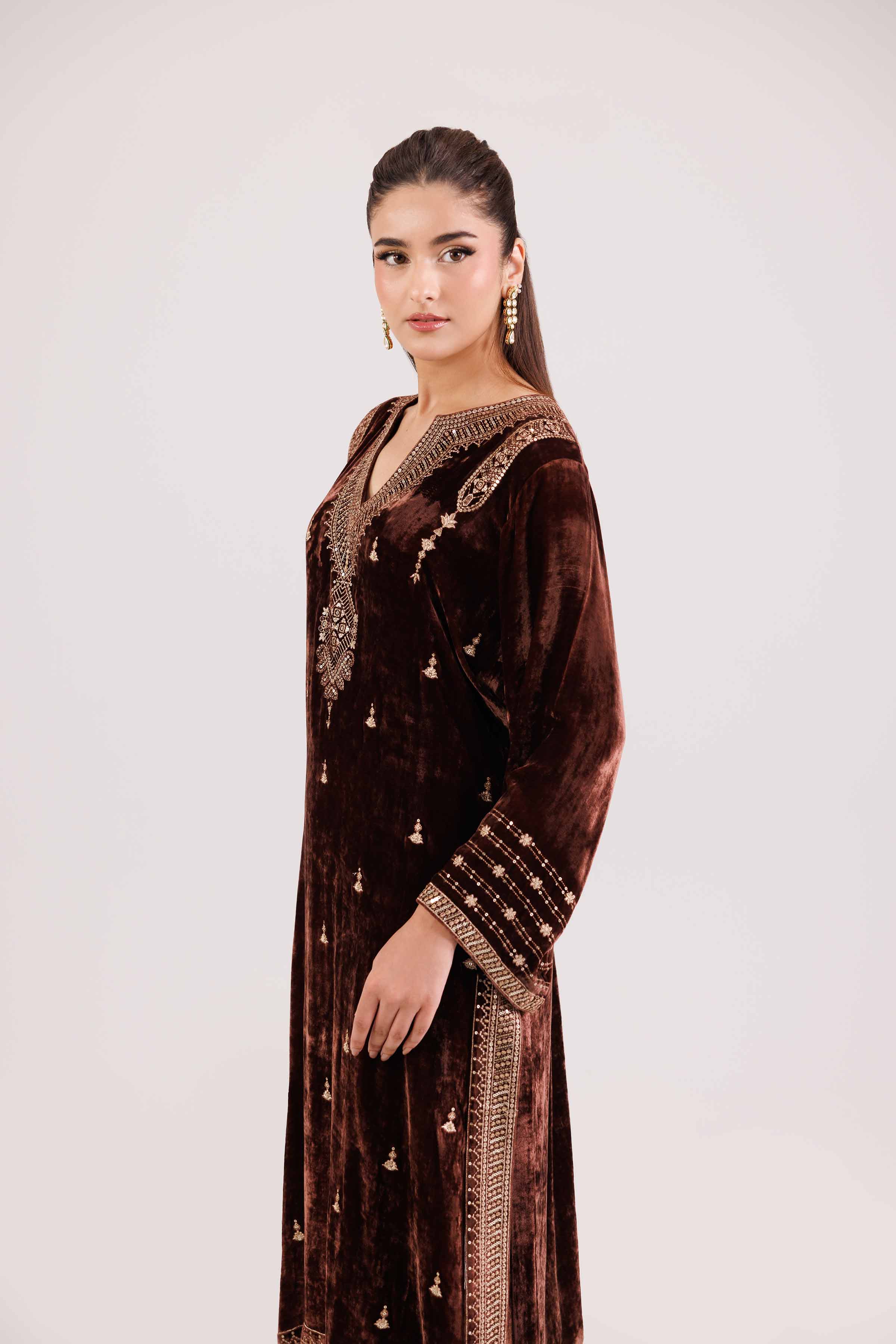 NishatUK - Brown Embroidered Velvet 2-piece ready to wear Luxury Dress