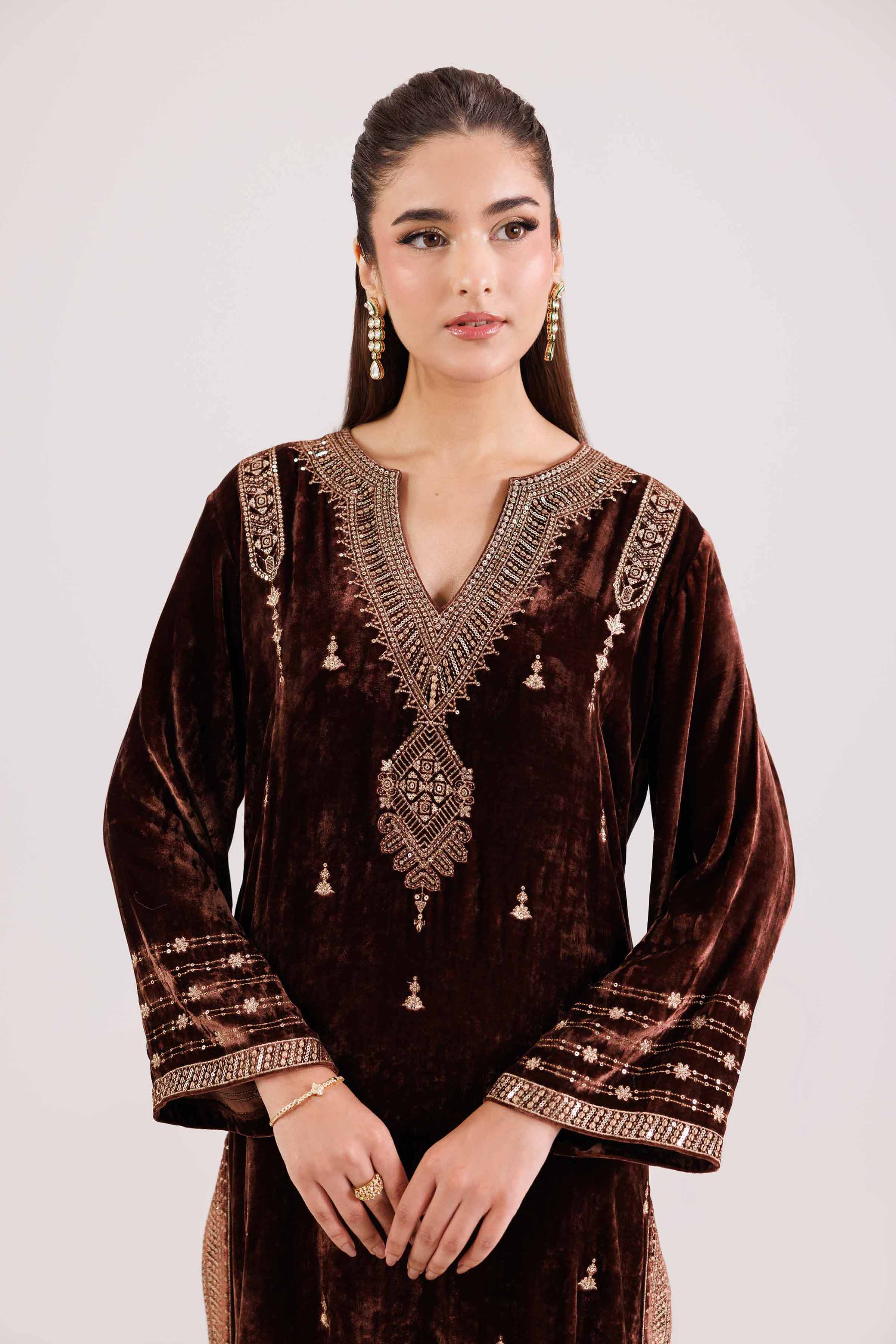 NishatUK - Brown Embroidered Velvet 2-piece ready to wear Luxury Dress