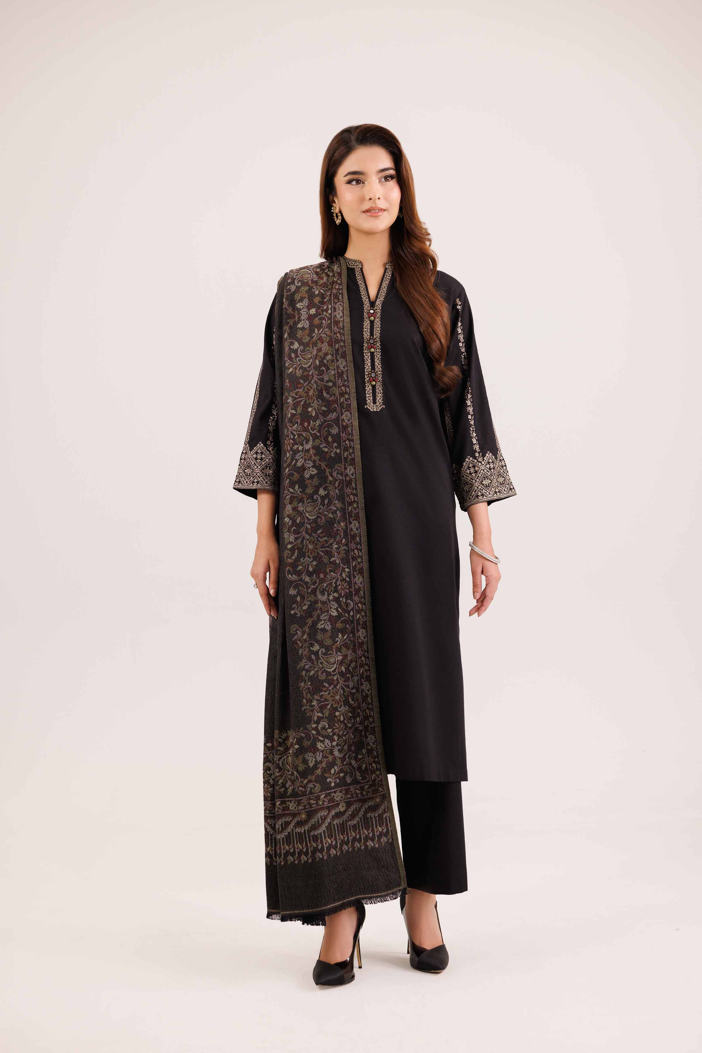 NishatUK - Black Embroidered Karandi 3-piece ready to wear Suit