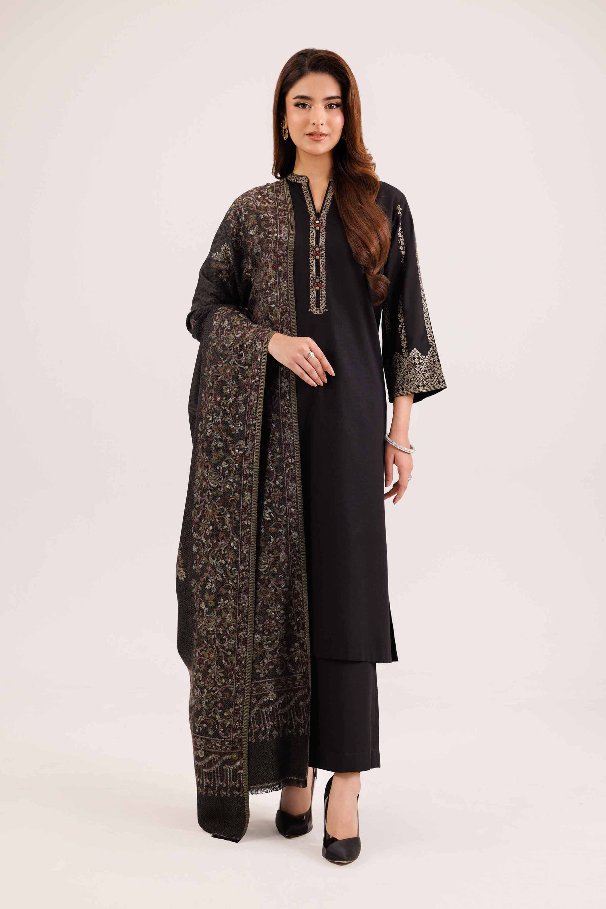 NishatUK - Black Embroidered Karandi 3-piece ready to wear Suit