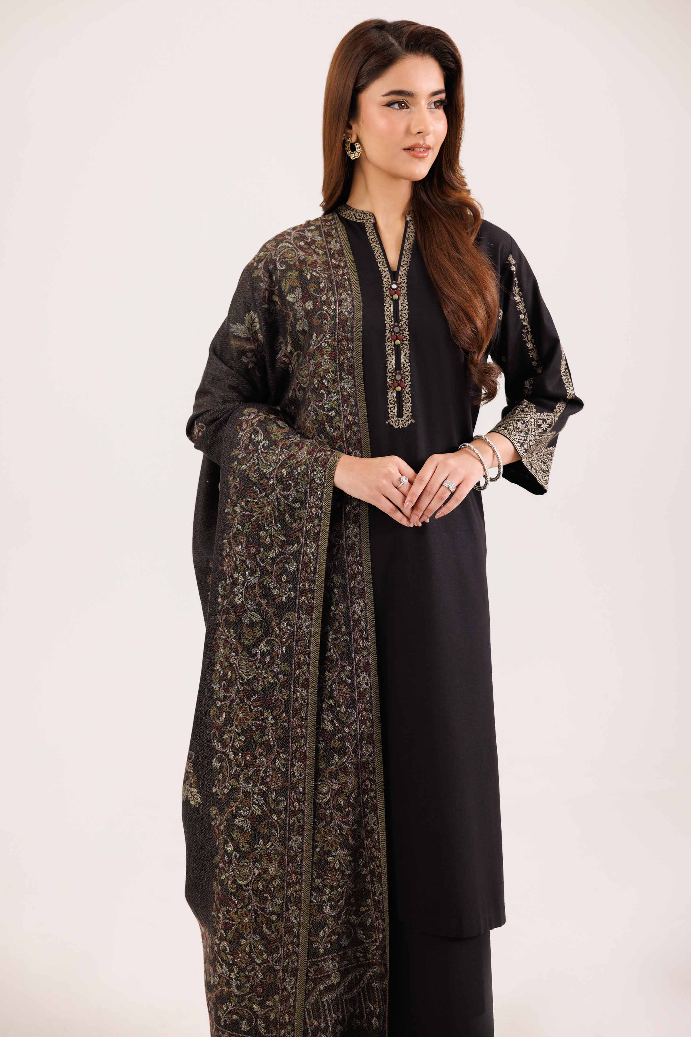 NishatUK - Black Embroidered Karandi 3-piece ready to wear Suit