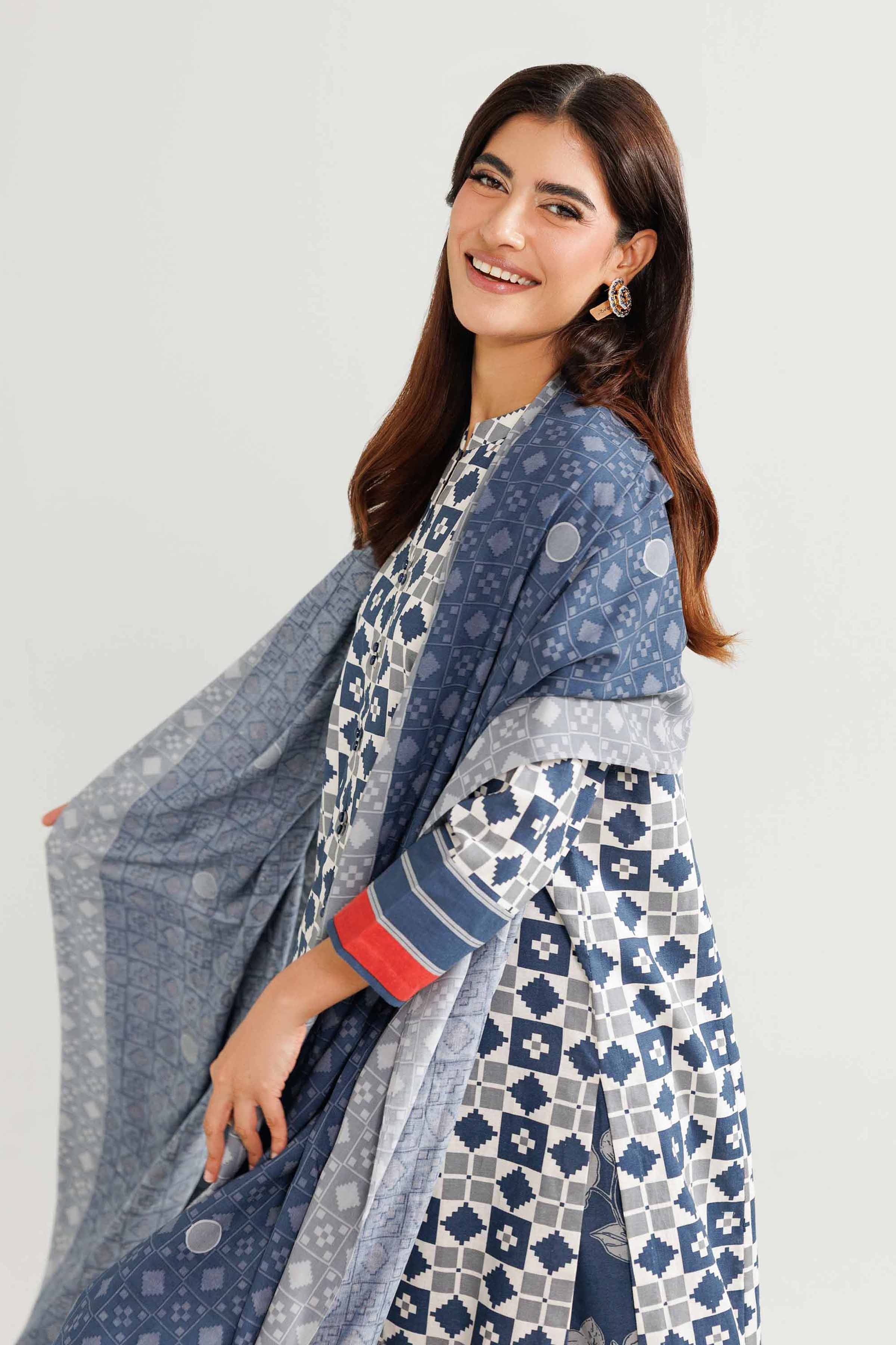 NishatUK - Blue Printed Linen 3-piece ready to wear Suit