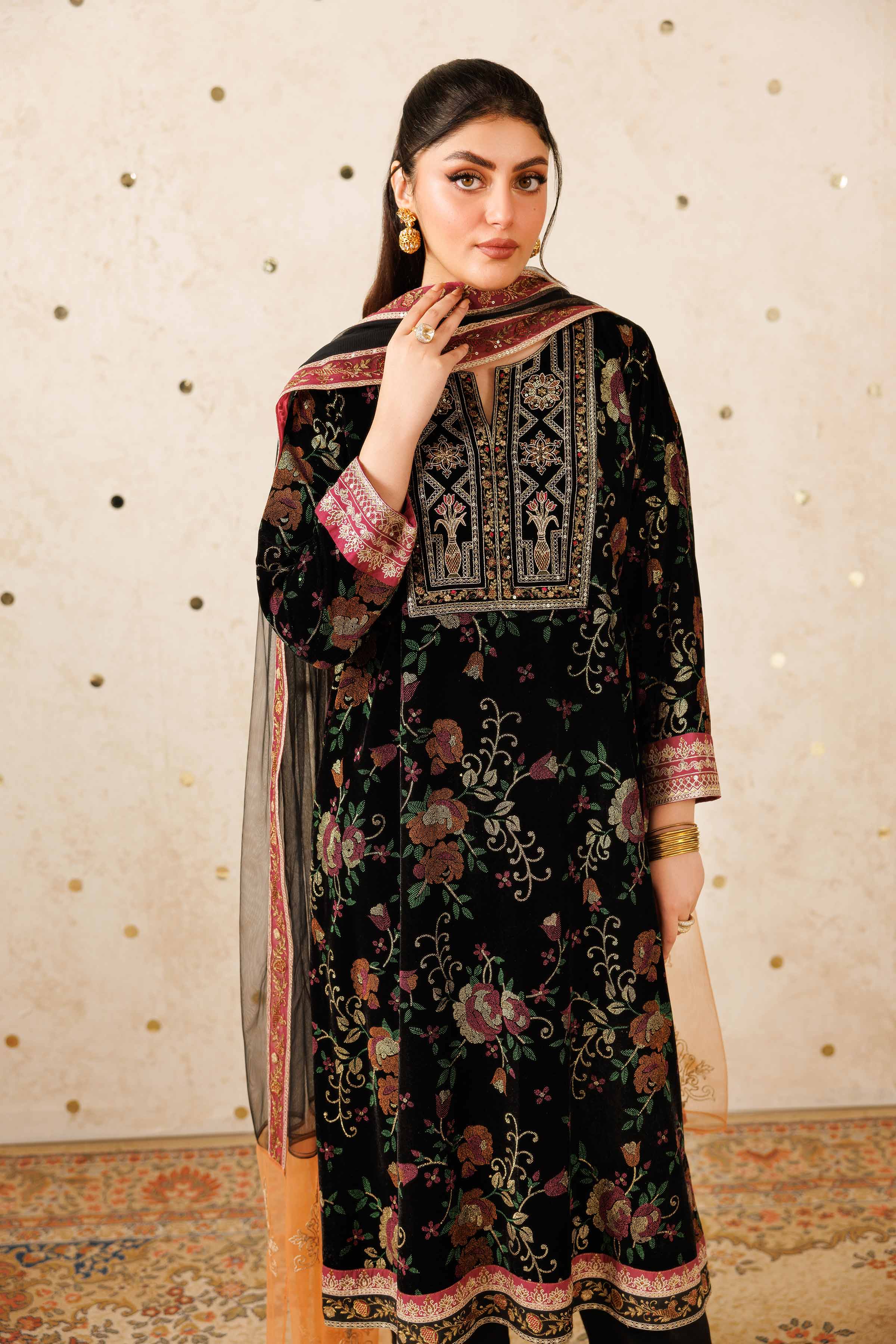 NishatUK - Black Embroidered Velvet 3-piece ready to wear-luxury Suit