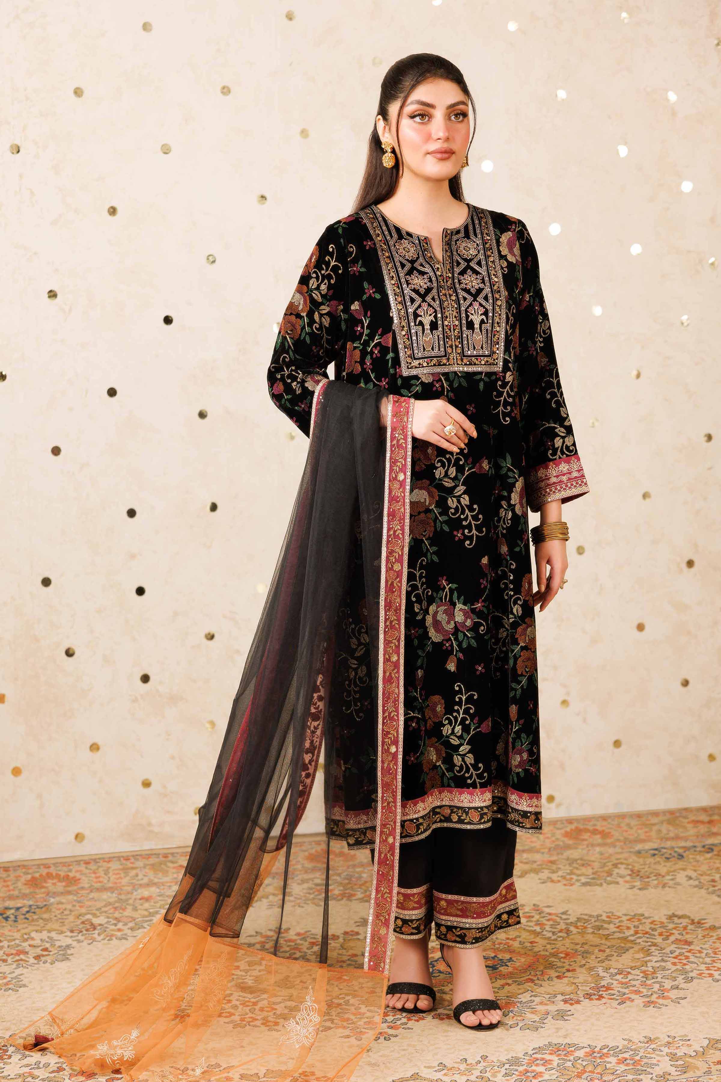NishatUK - Black Embroidered Velvet 3-piece ready to wear-luxury Suit