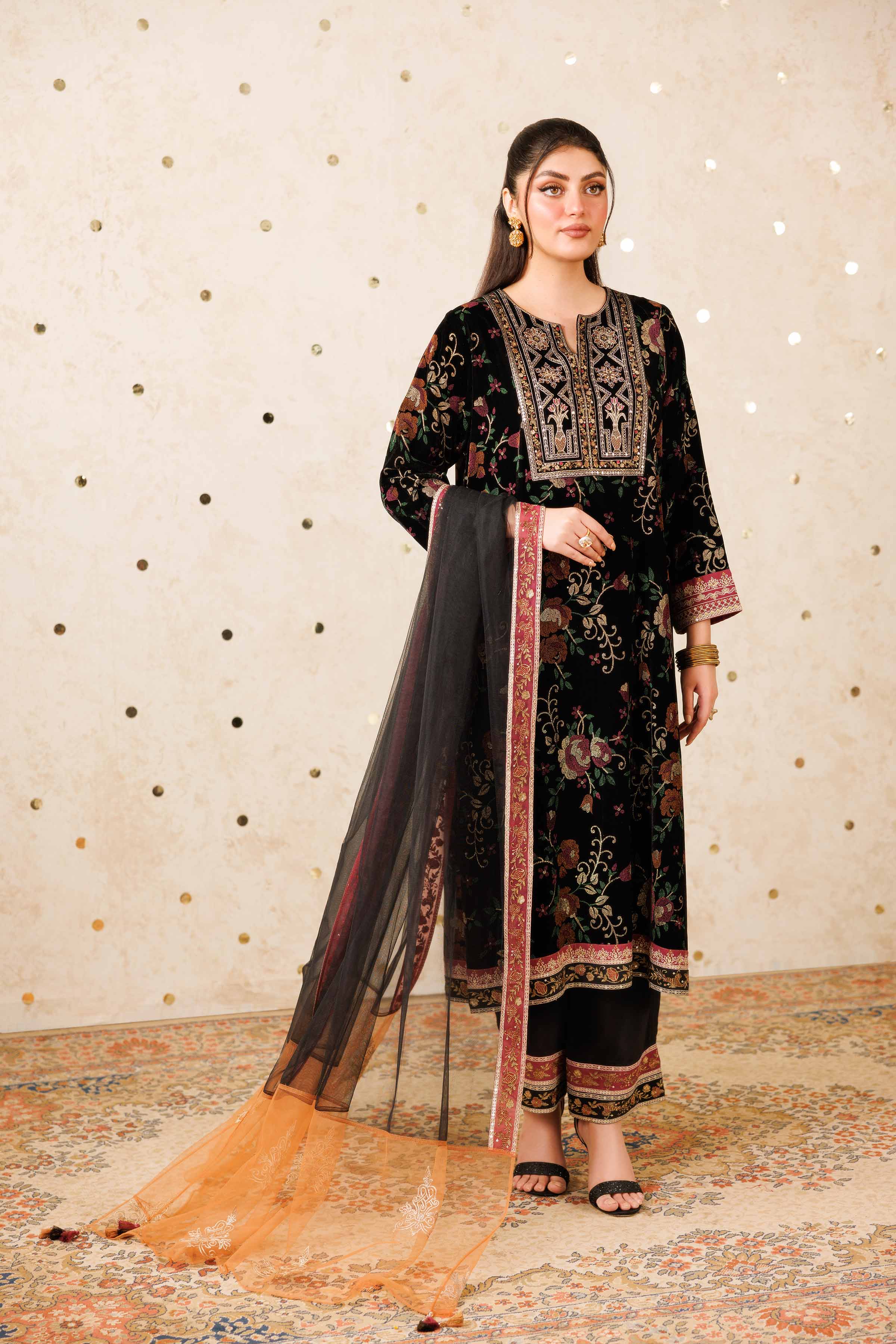 NishatUK - Black Embroidered Velvet 3-piece ready to wear-luxury Suit