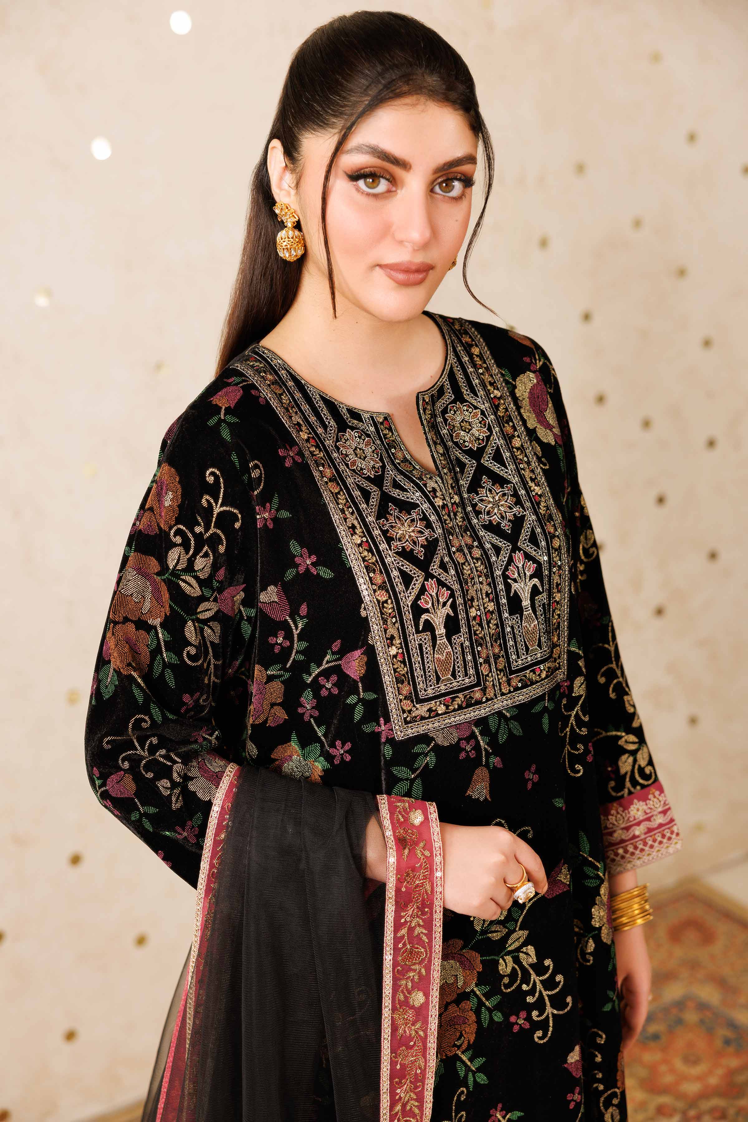 NishatUK - Black Embroidered Velvet 3-piece ready to wear-luxury Suit