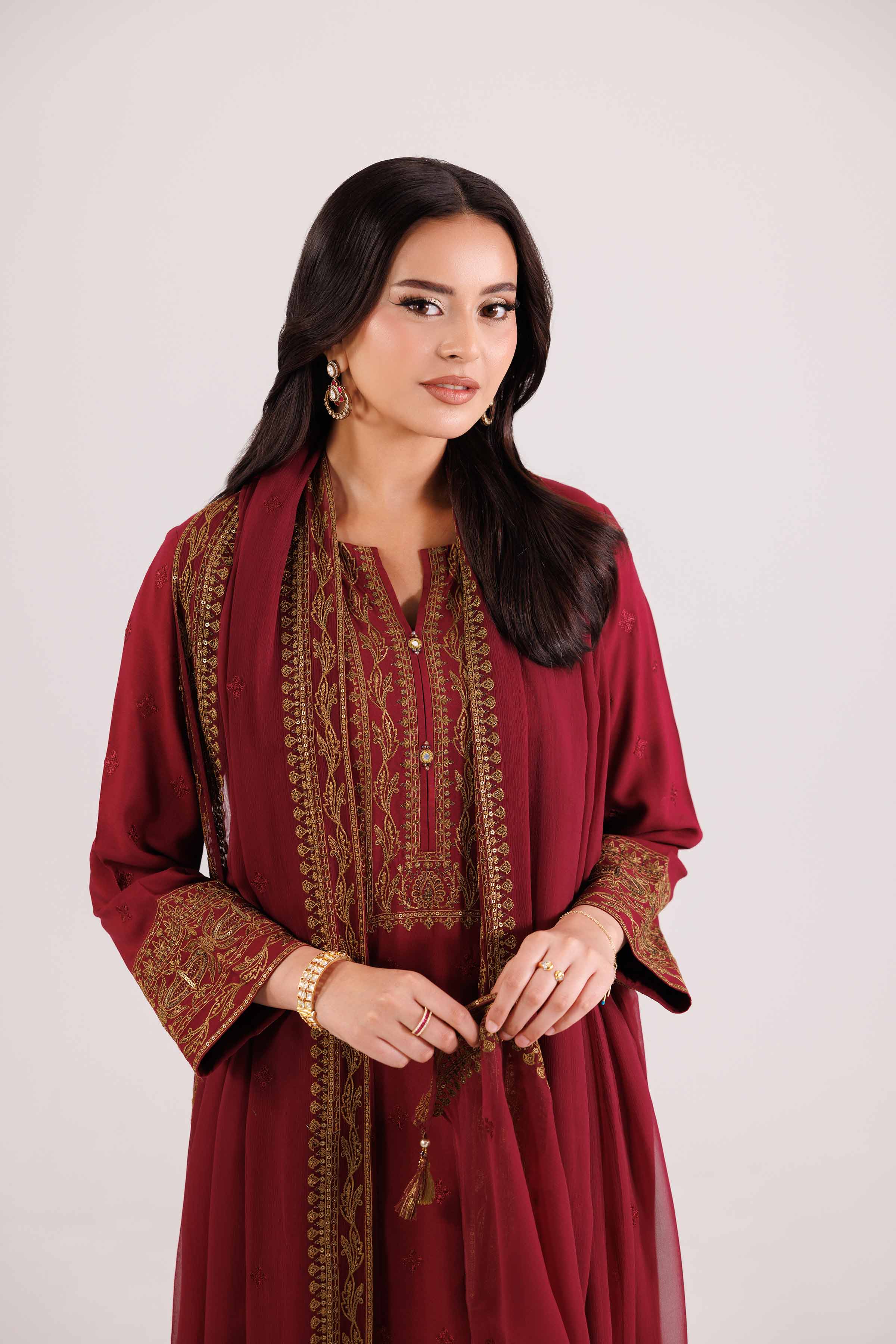 NishatUK - Red Embroidered Linen 3-piece ready to wear-luxury Suit