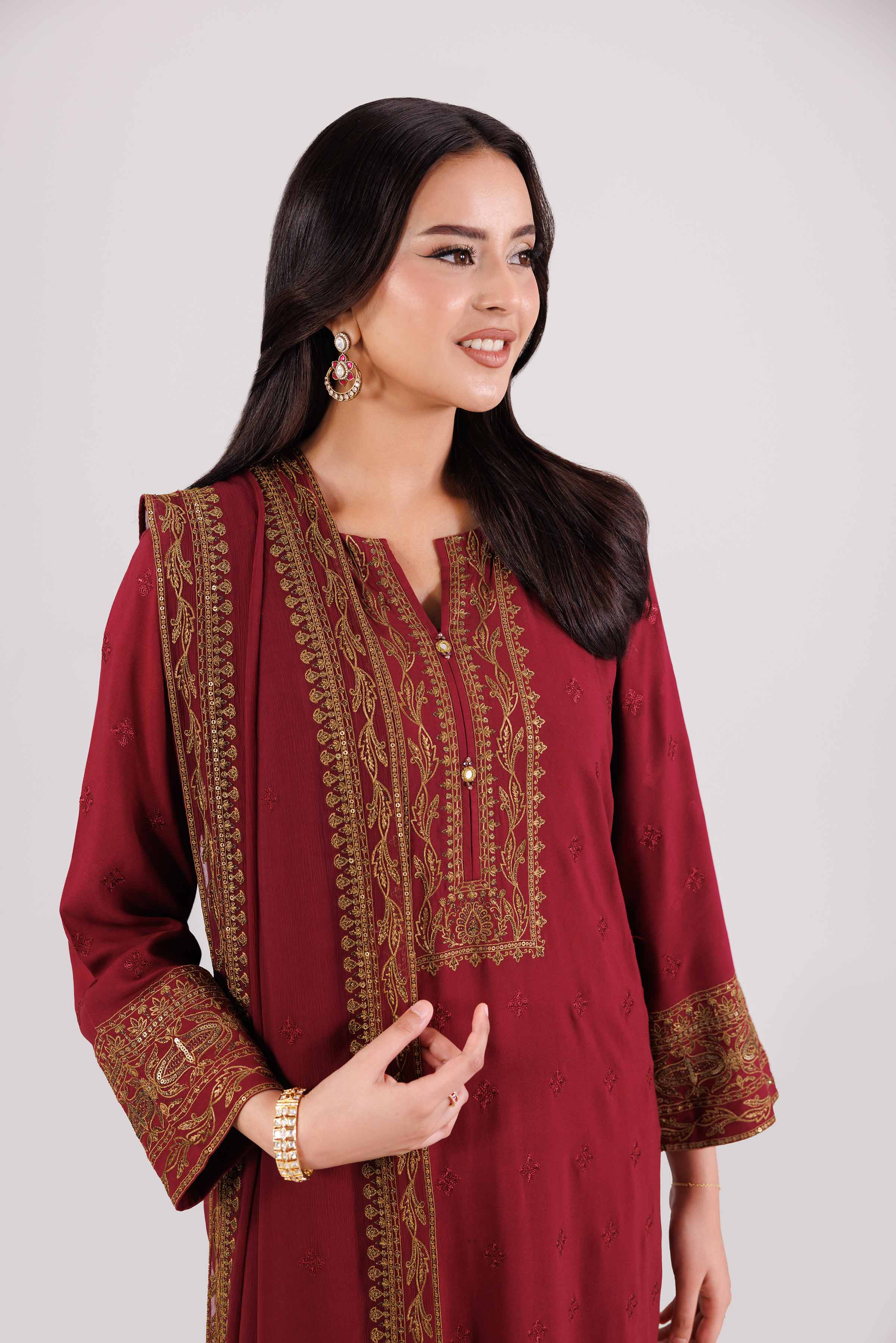 NishatUK - Red Embroidered Linen 3-piece ready to wear-luxury Suit