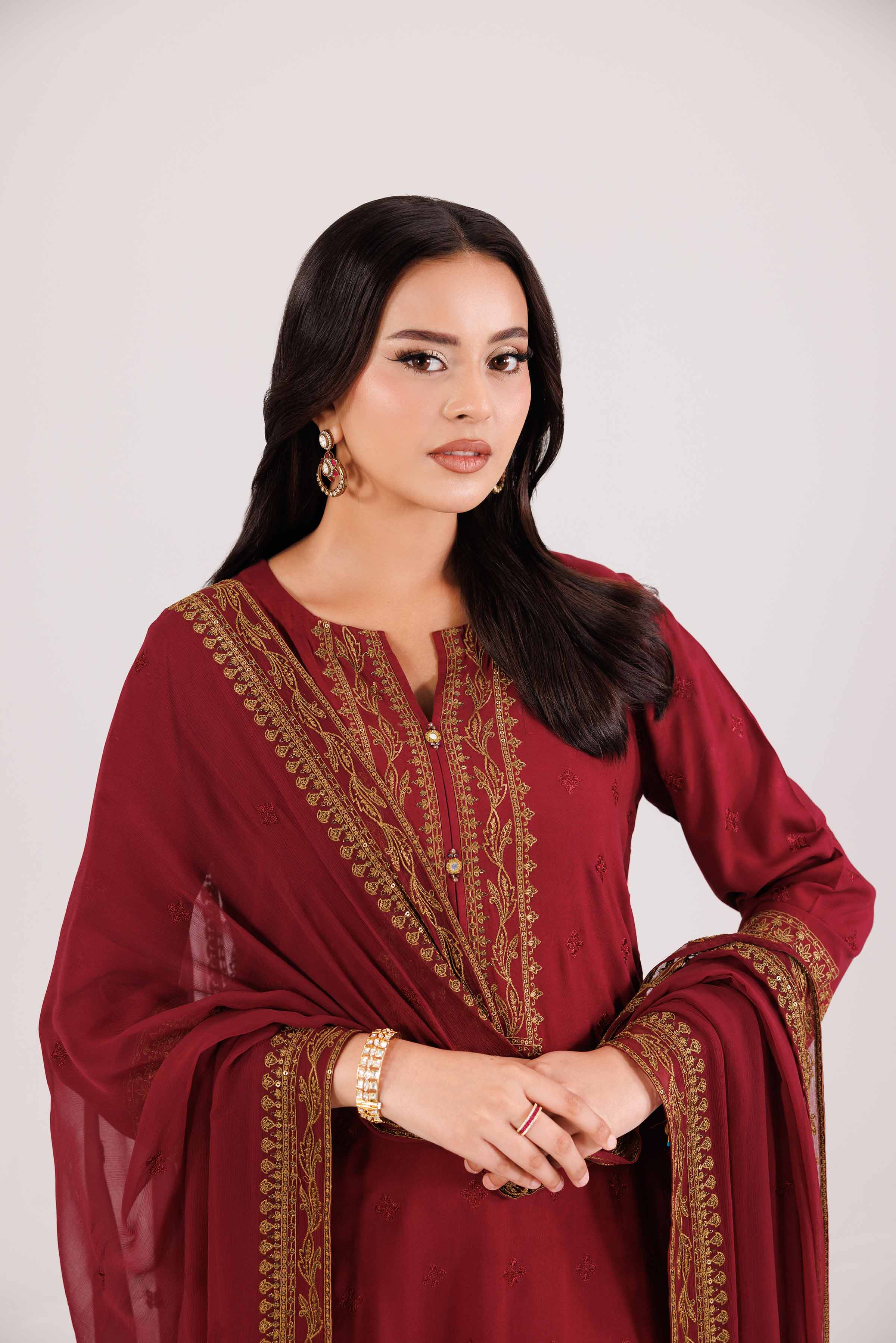 NishatUK - Red Embroidered Linen 3-piece ready to wear-luxury Suit