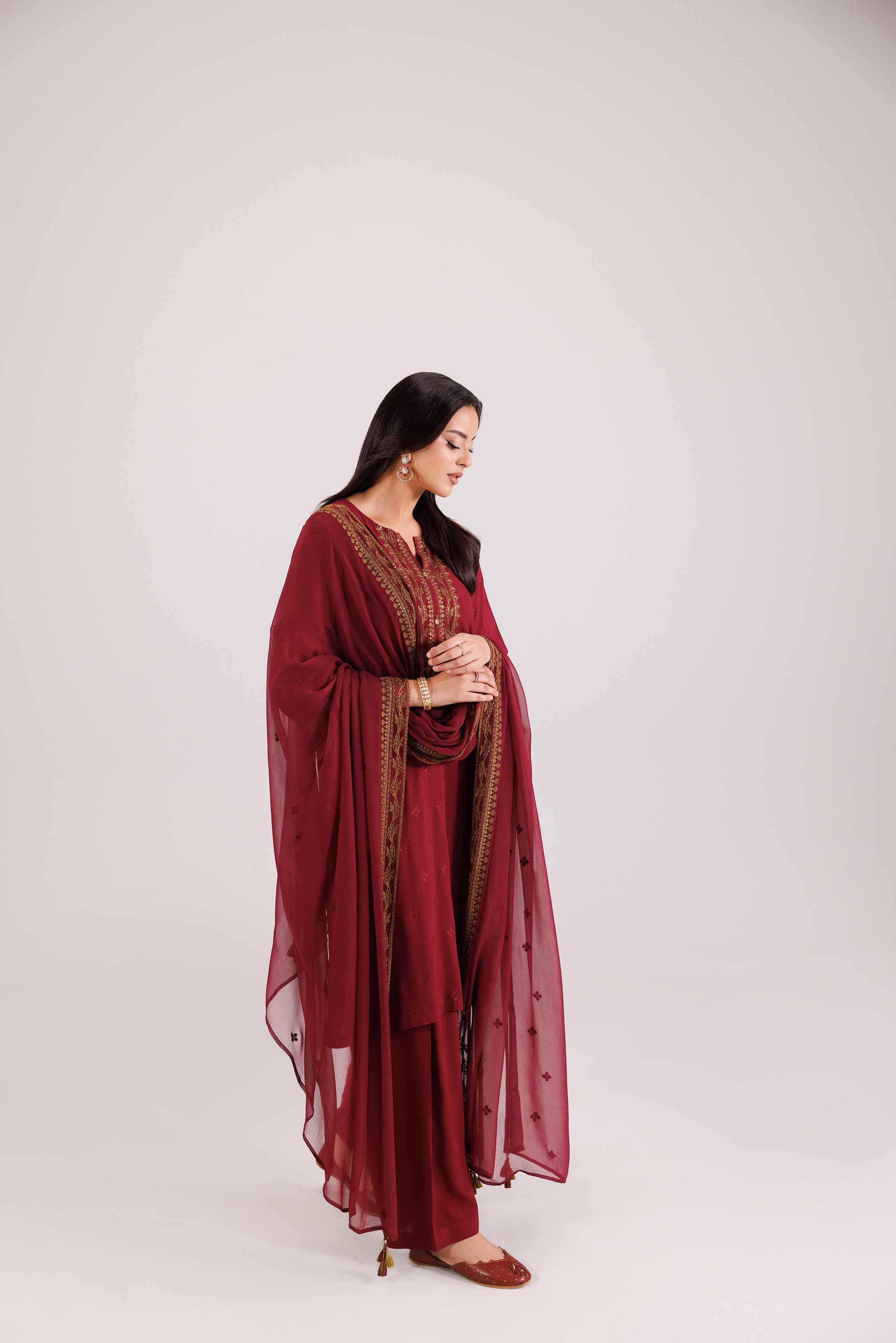 NishatUK - Red Embroidered Linen 3-piece ready to wear-luxury Suit