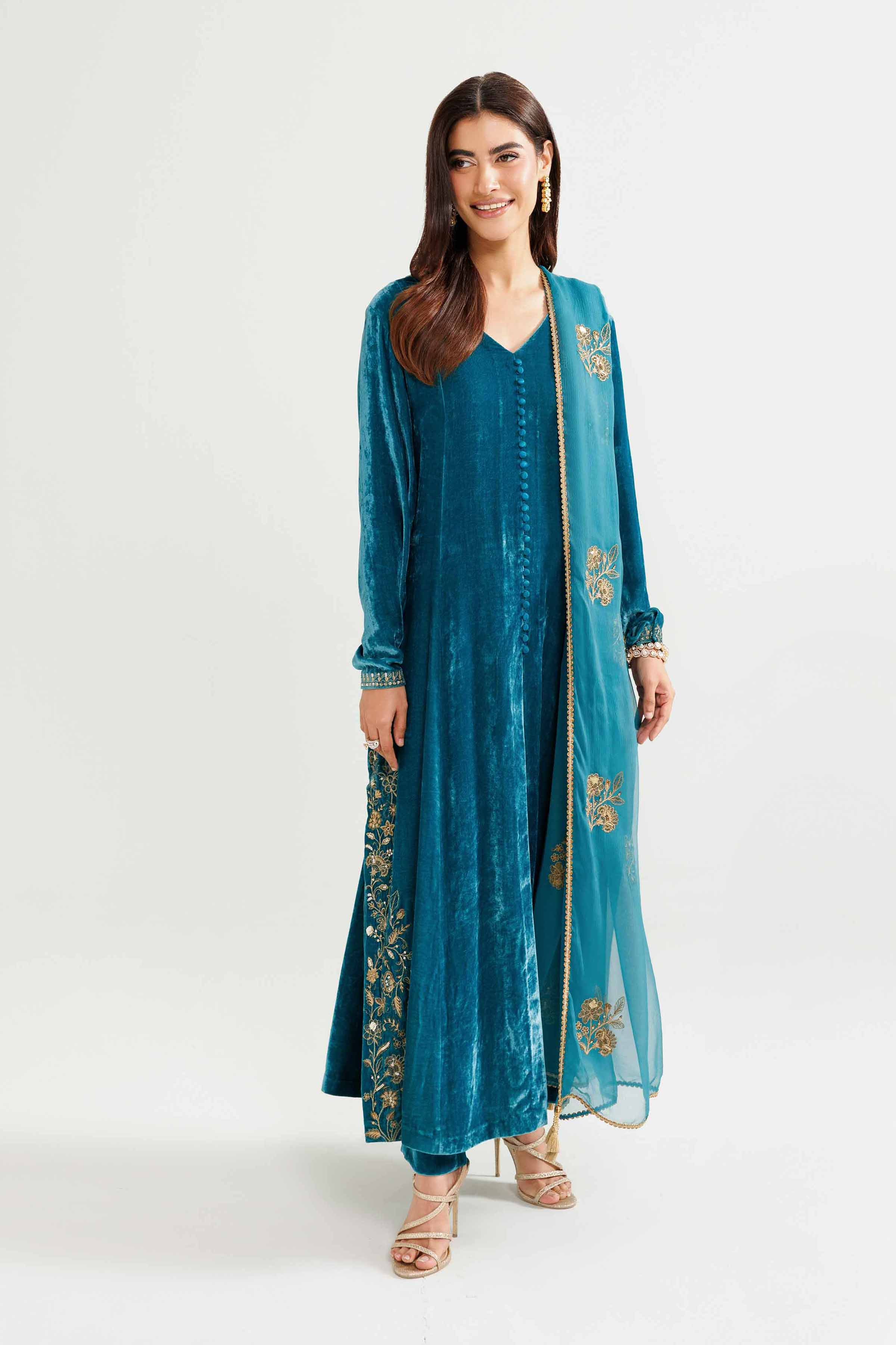 NishatUK - Ferozi Embroidered Velvet 3-piece ready to wear Suit