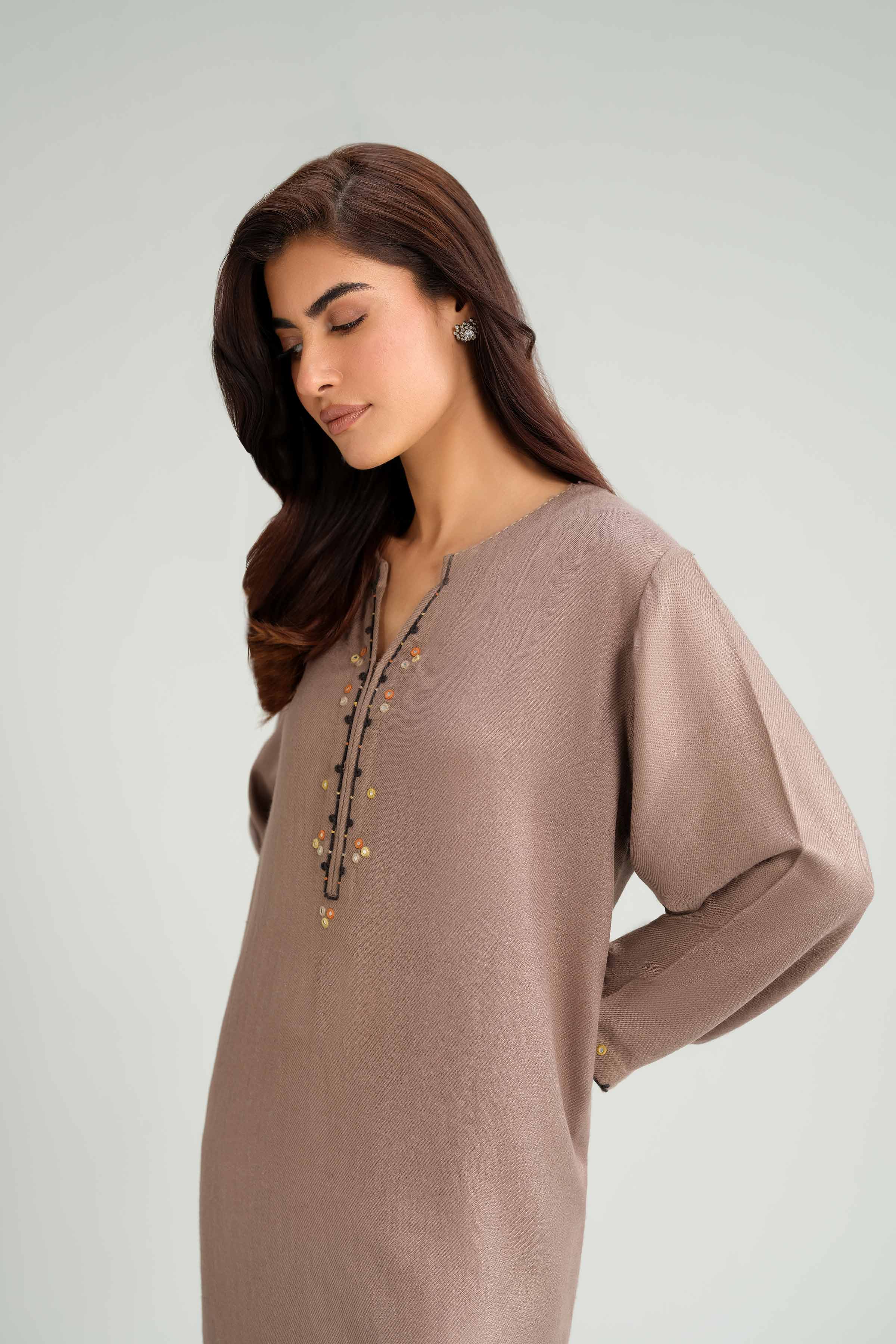 NishatUK - Brown Embroidered Wool 2-piece ready to wear luxury Dress