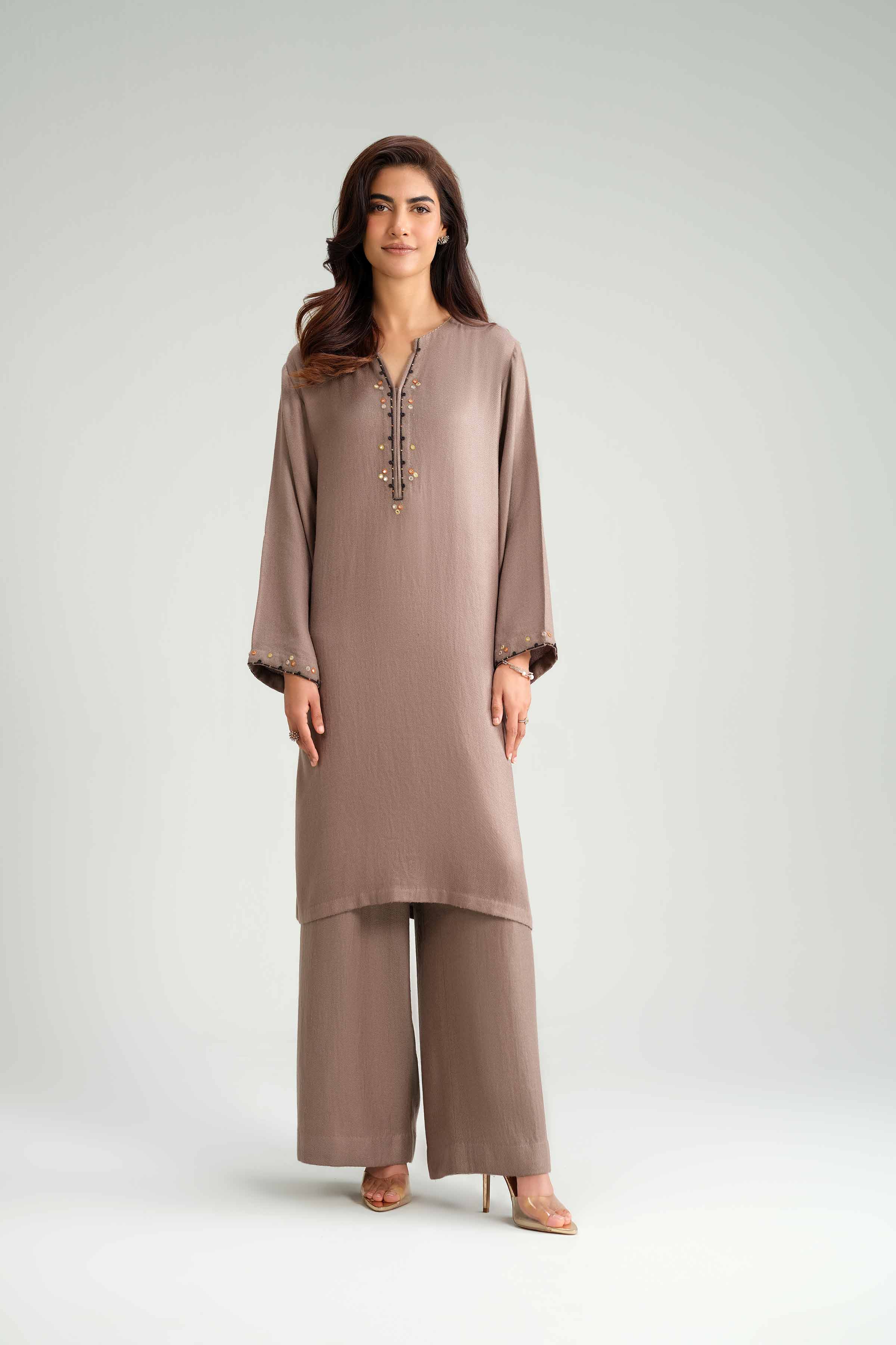 NishatUK - Brown Embroidered Wool 2-piece ready to wear luxury Dress