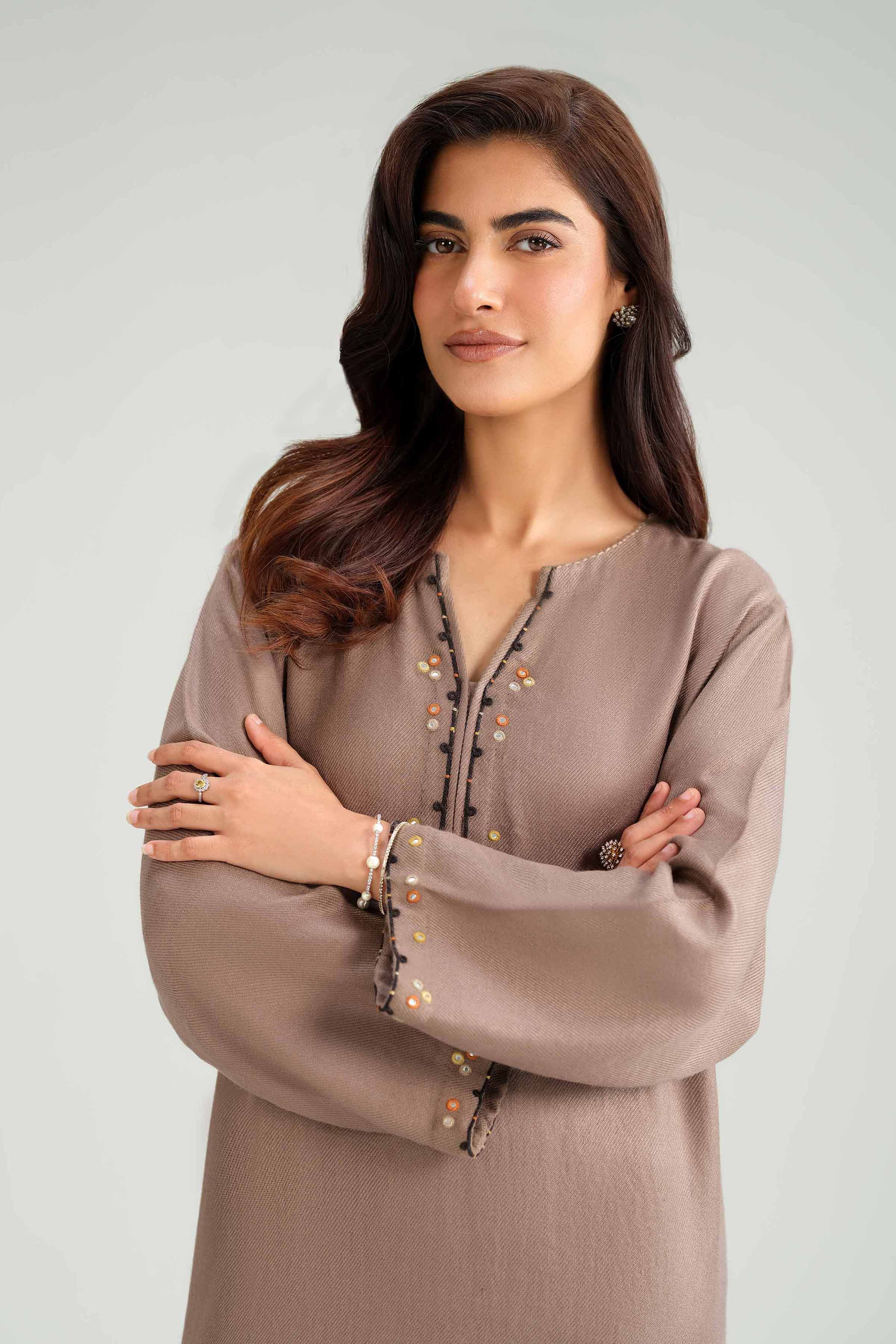 NishatUK - Brown Embroidered Wool 2-piece ready to wear luxury Dress