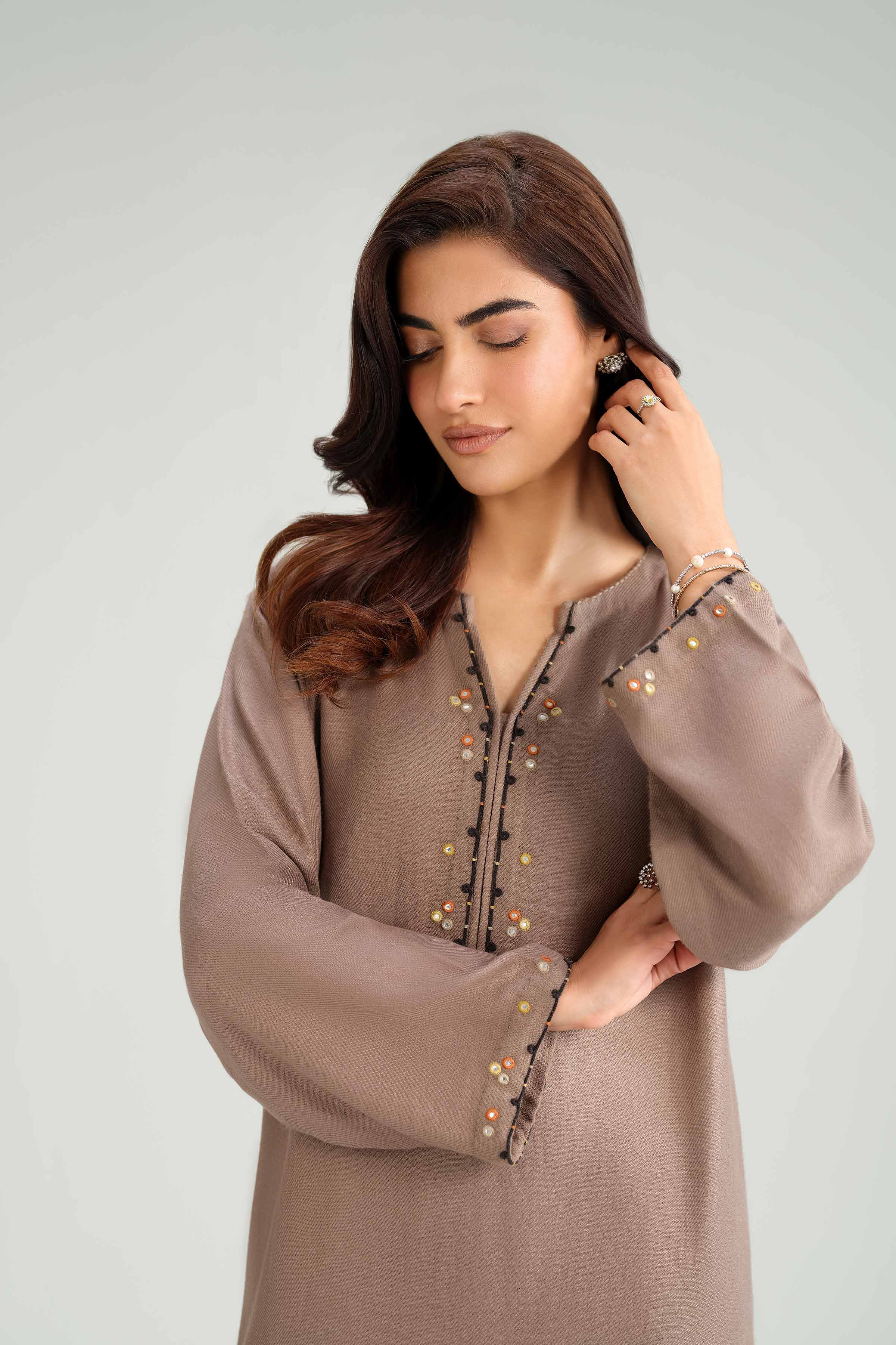 NishatUK - Brown Embroidered Wool 2-piece ready to wear luxury Dress