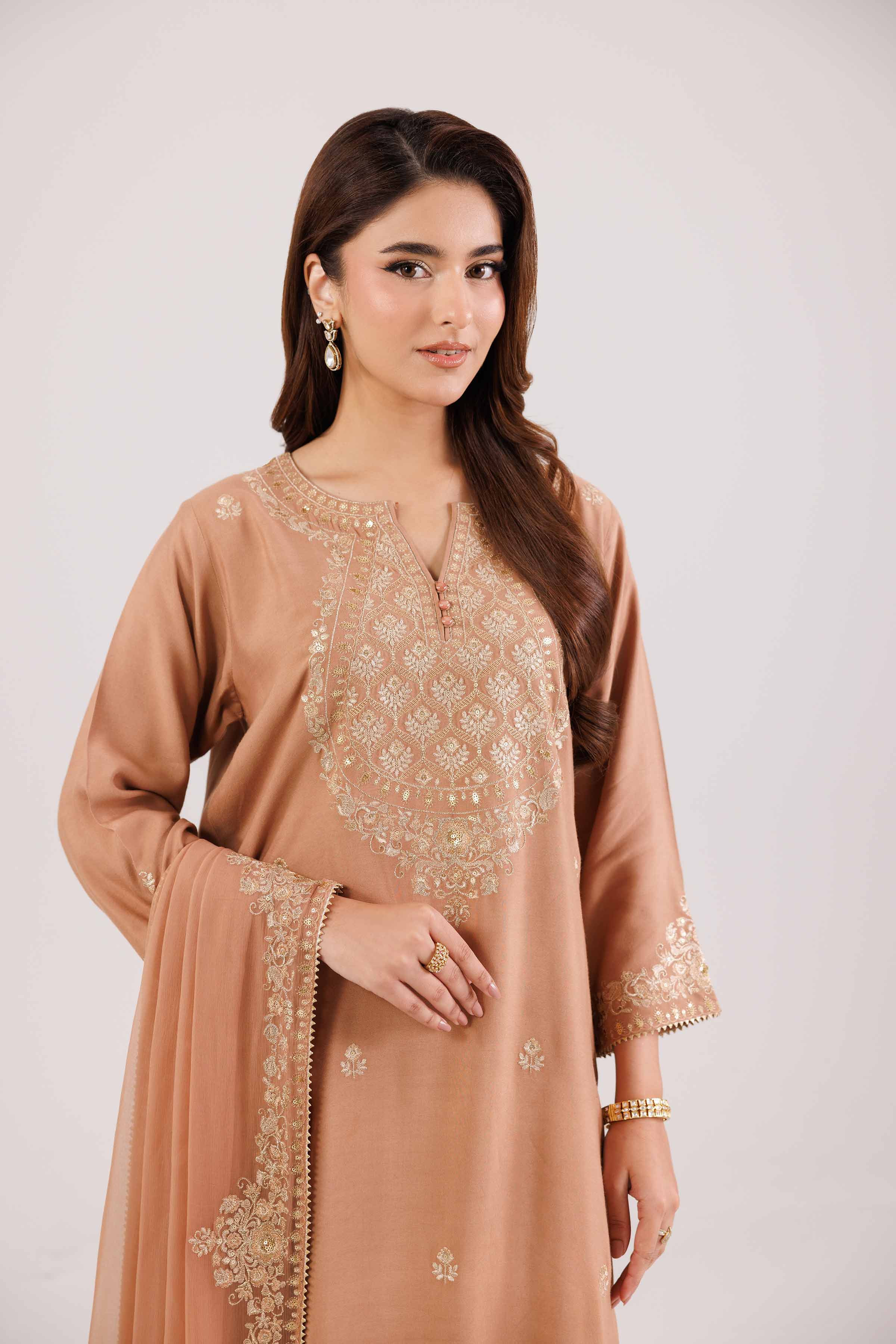NishatUK - Peach Embroidered Linen 3-piece ready to wear-luxury Suit