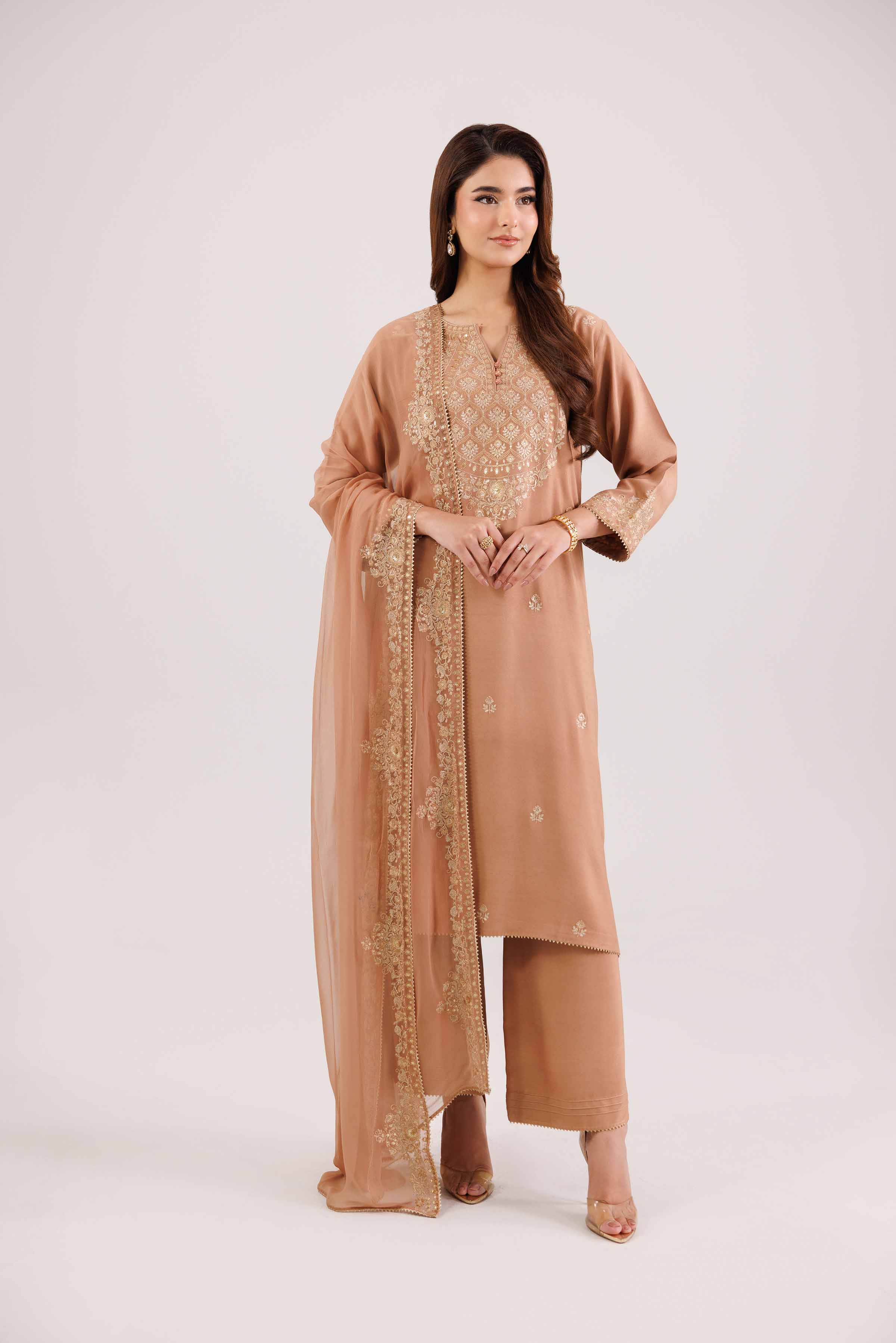 NishatUK - Peach Embroidered Linen 3-piece ready to wear-luxury Suit