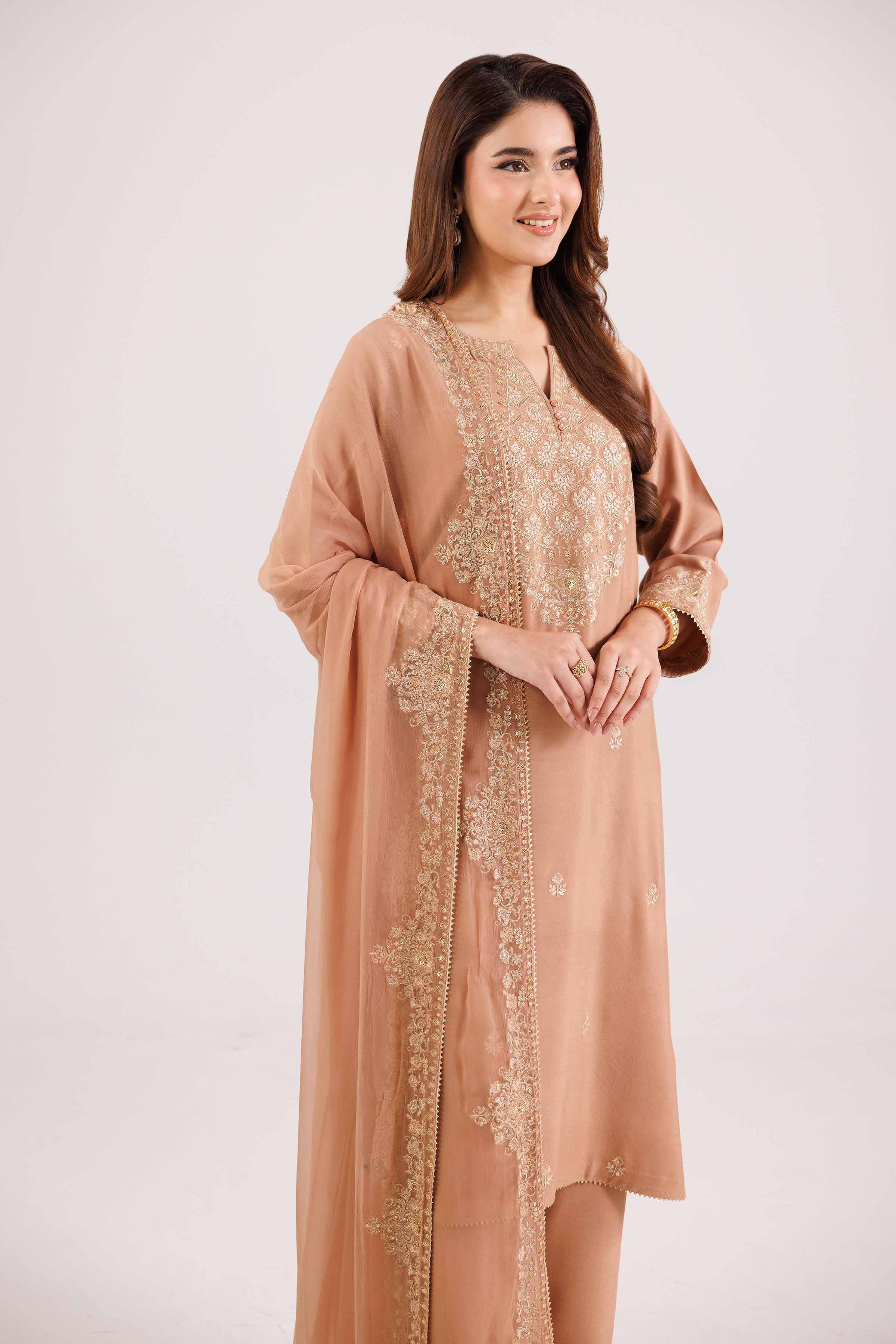 NishatUK - Peach Embroidered Linen 3-piece ready to wear-luxury Suit