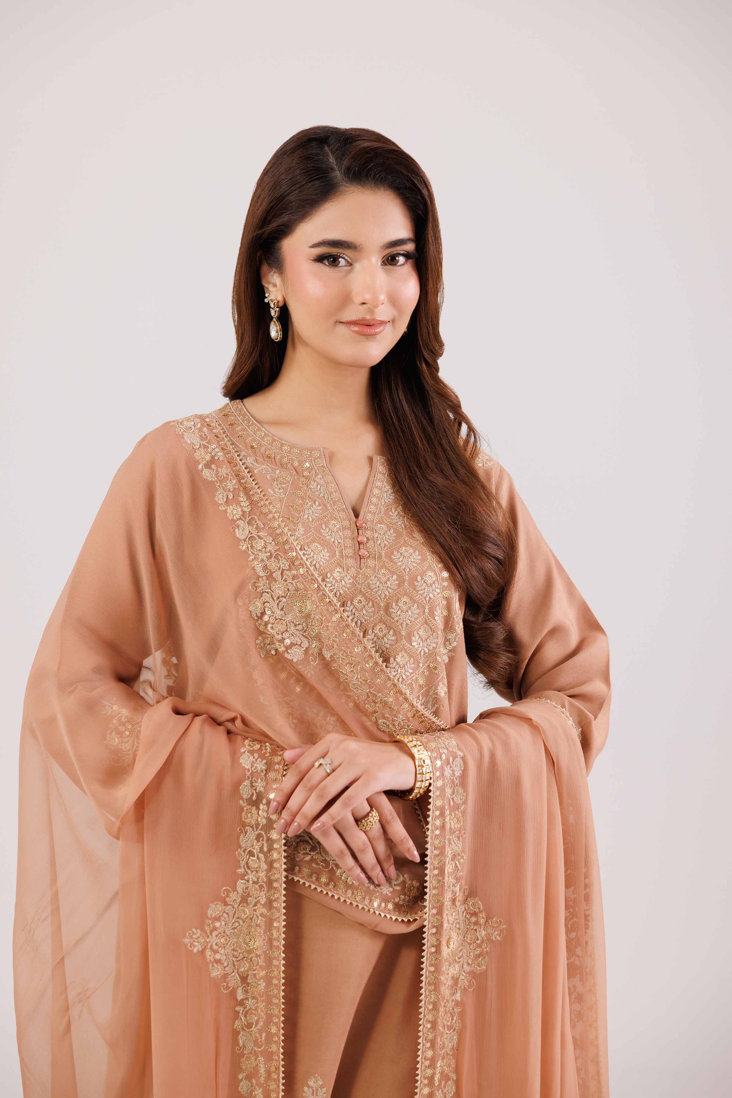 NishatUK - Peach Embroidered Linen 3-piece ready to wear-luxury Suit