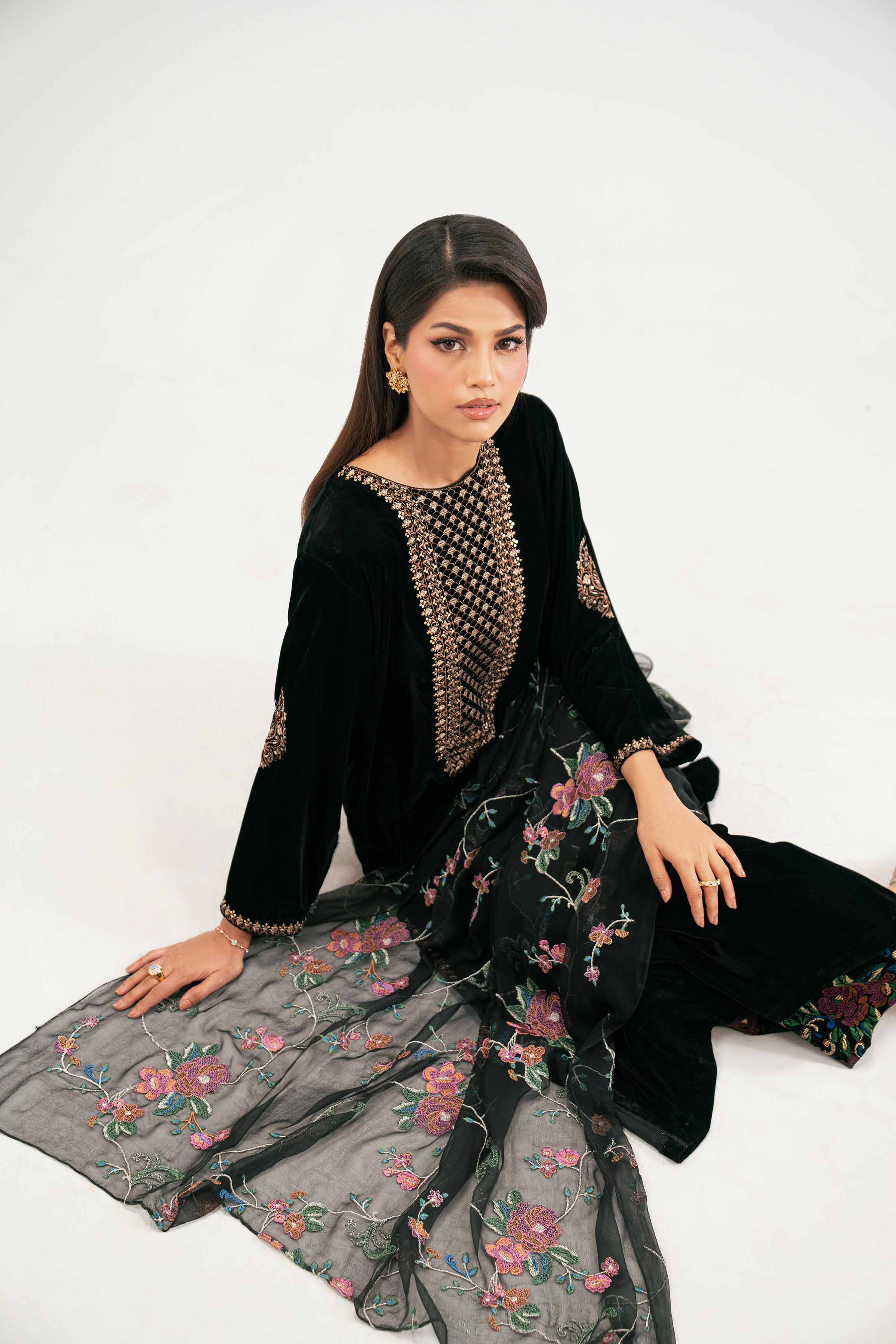 NishatUK - Black Embroidered Velvet 3-piece ready to wear Suit