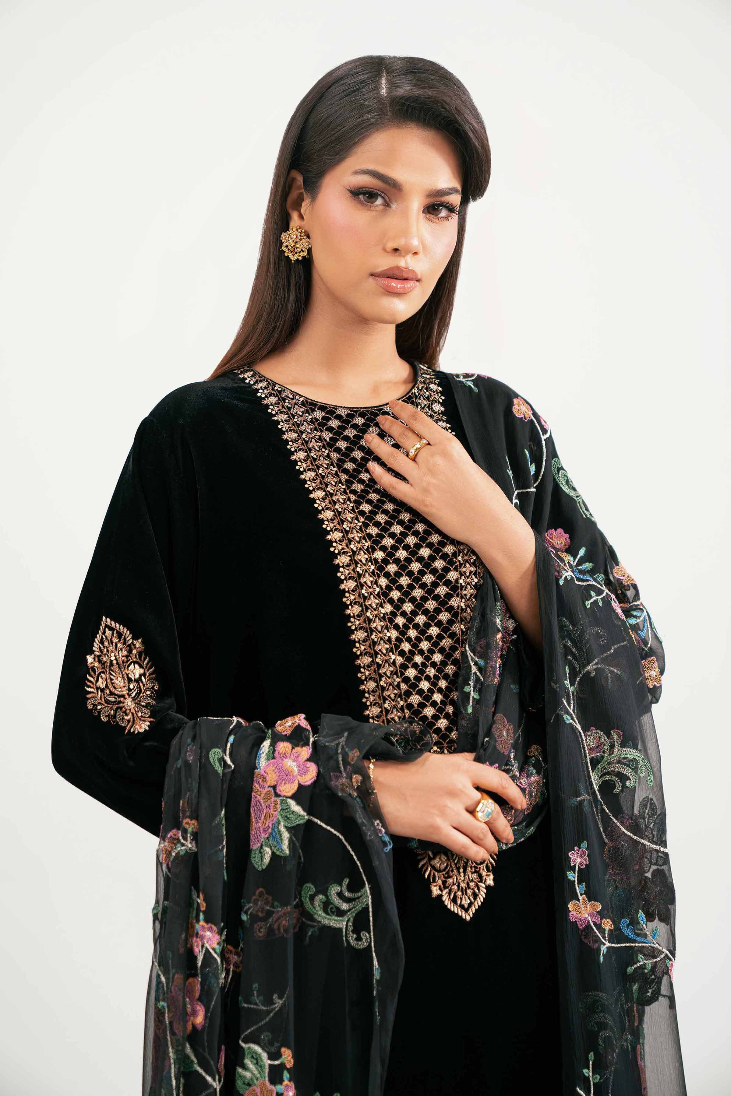 NishatUK - Black Embroidered Velvet 3-piece ready to wear Suit