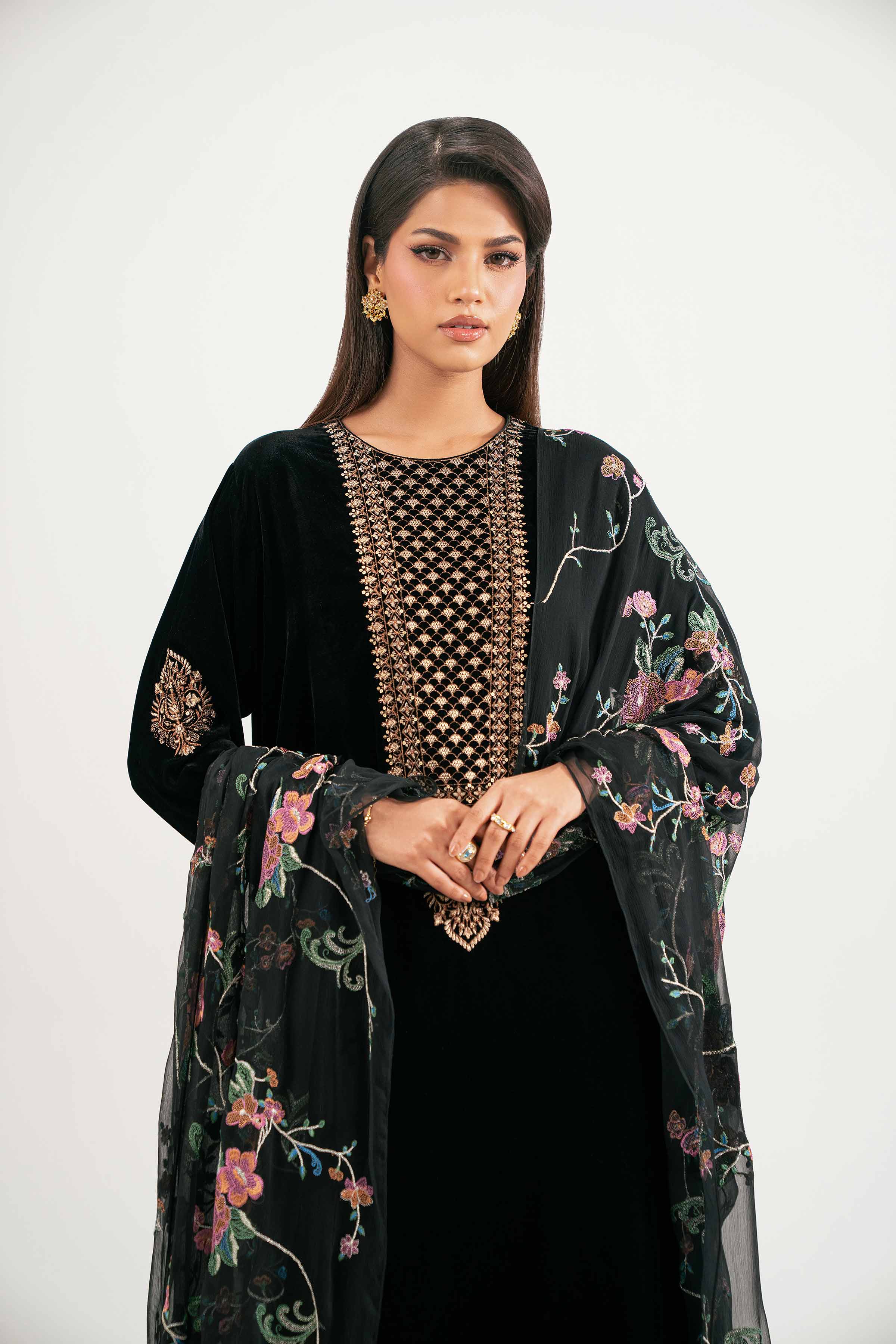 NishatUK - Black Embroidered Velvet 3-piece ready to wear Suit