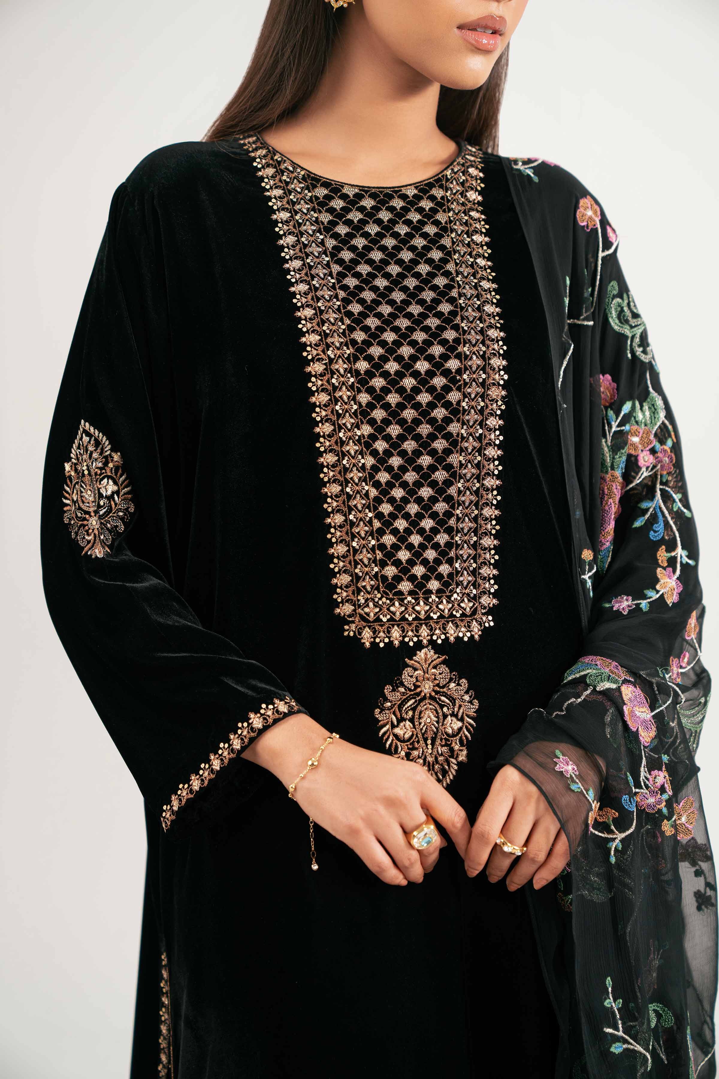 NishatUK - Black Embroidered Velvet 3-piece ready to wear Suit