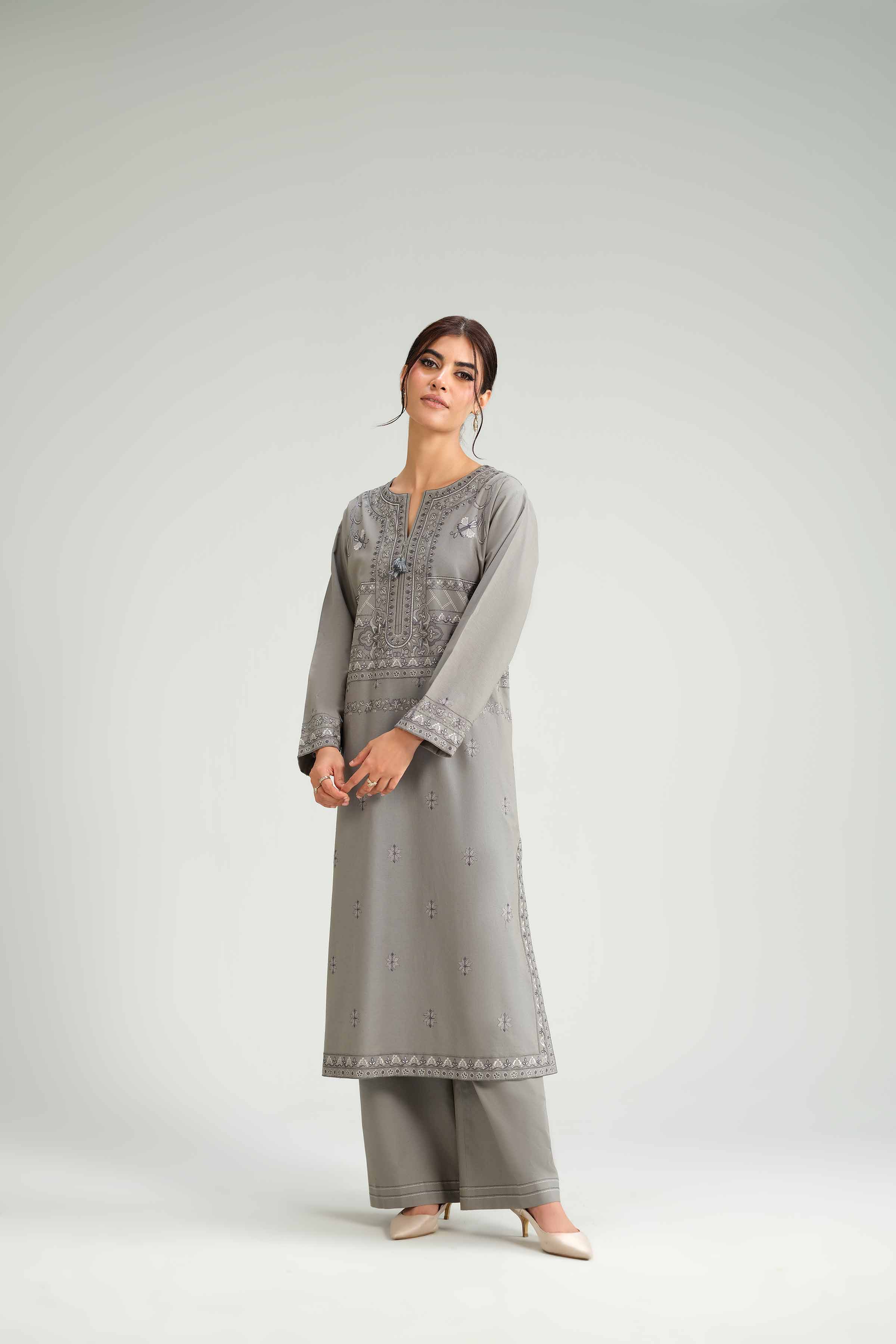 NishatUK - Grey Embroidered Karandi 2-piece ready to wear-luxury Dress