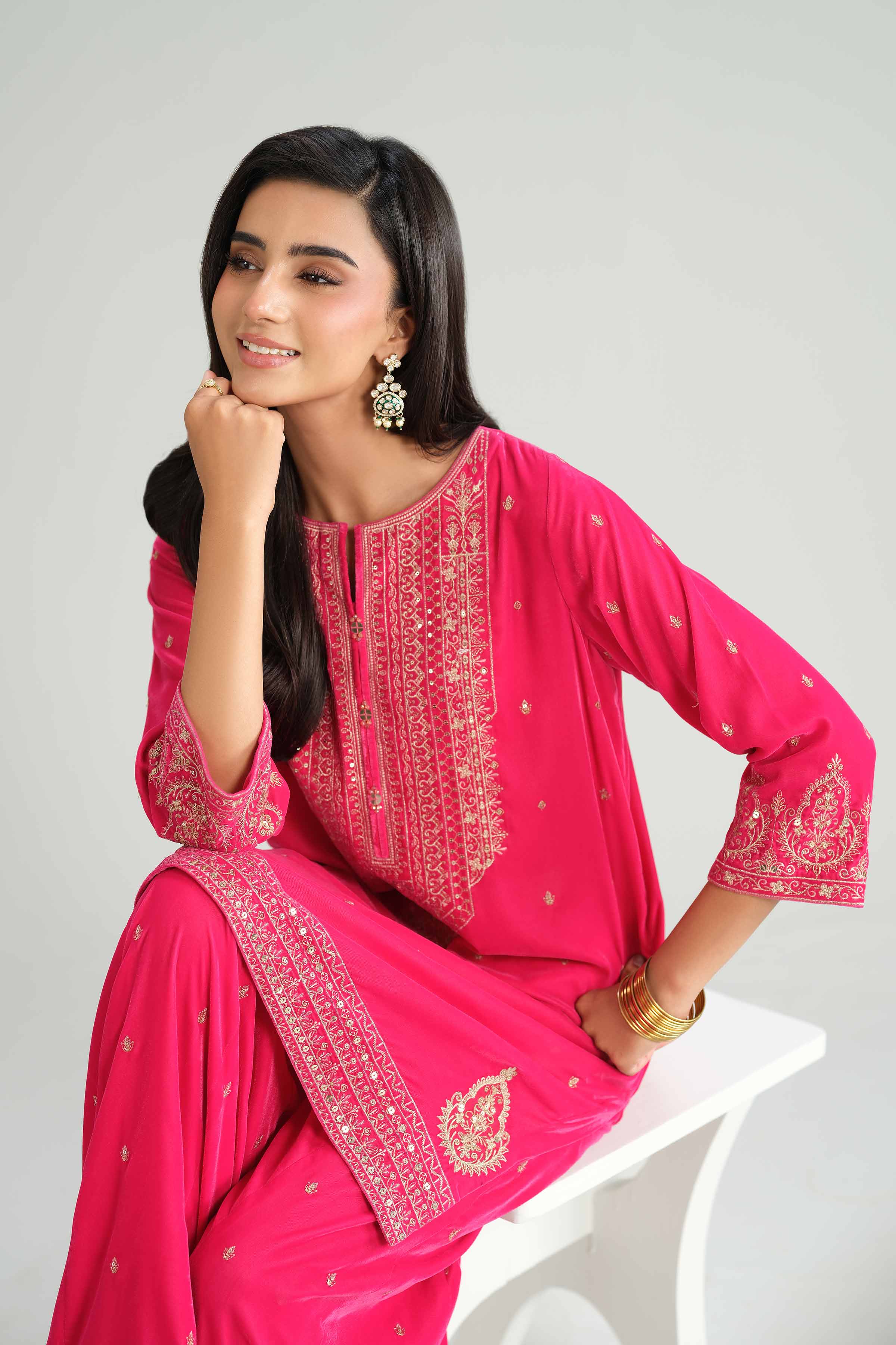 NishatUK - Pink Embroidered Velvet 2-piece ready to wear Luxury Dress
